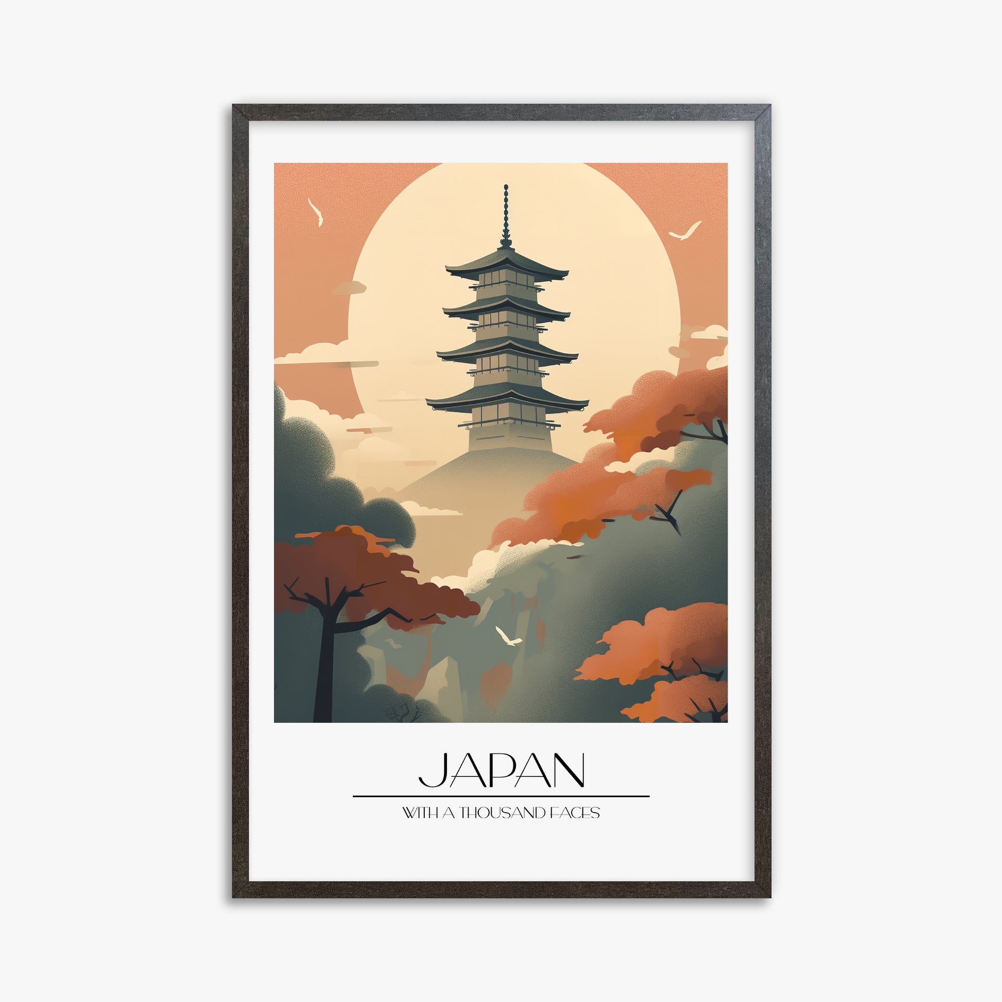 Misty Pagoda Silhouette, 61x91cm Framed Poster With Espresso Frame