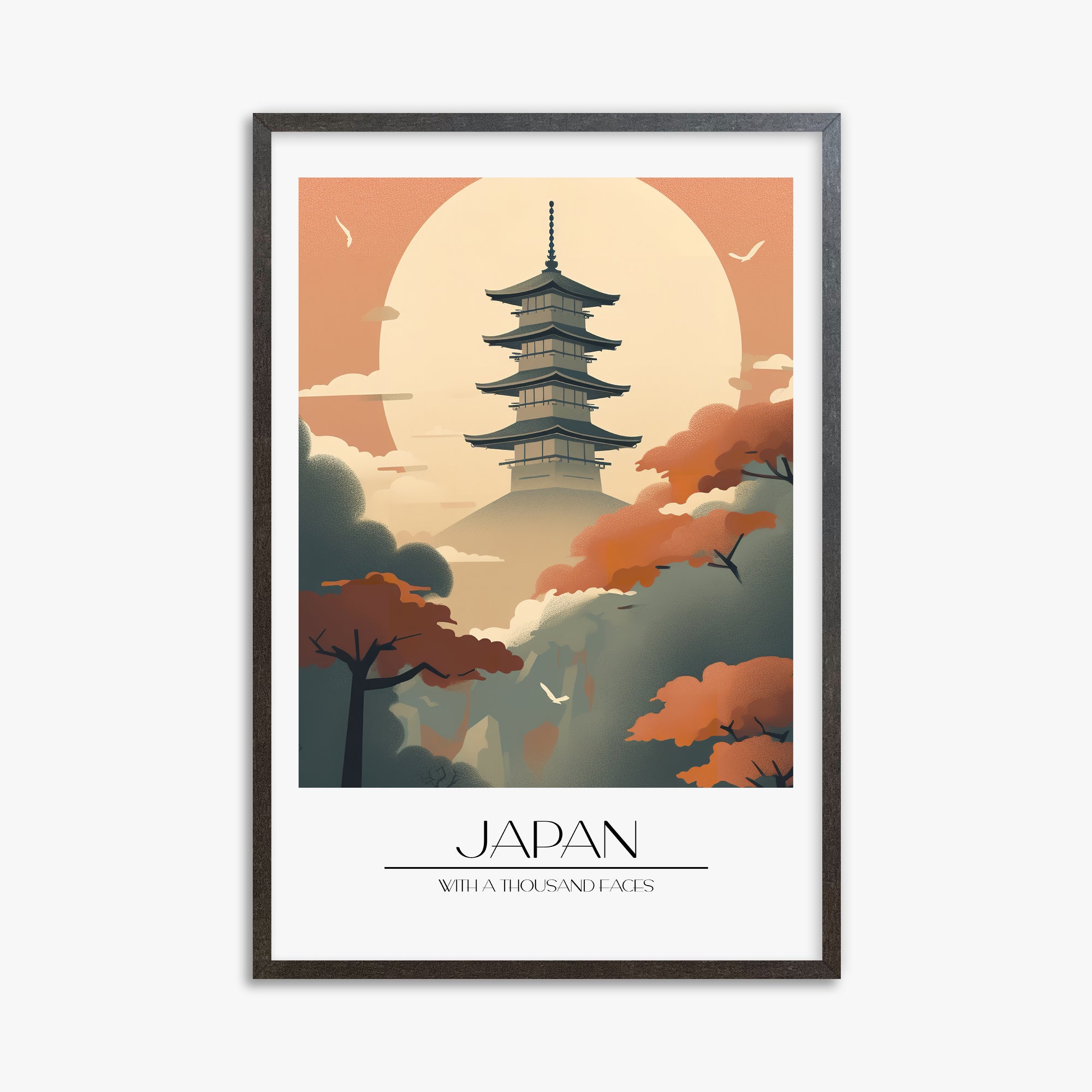 Misty Pagoda Silhouette, 61x91cm Framed Poster With Espresso Frame