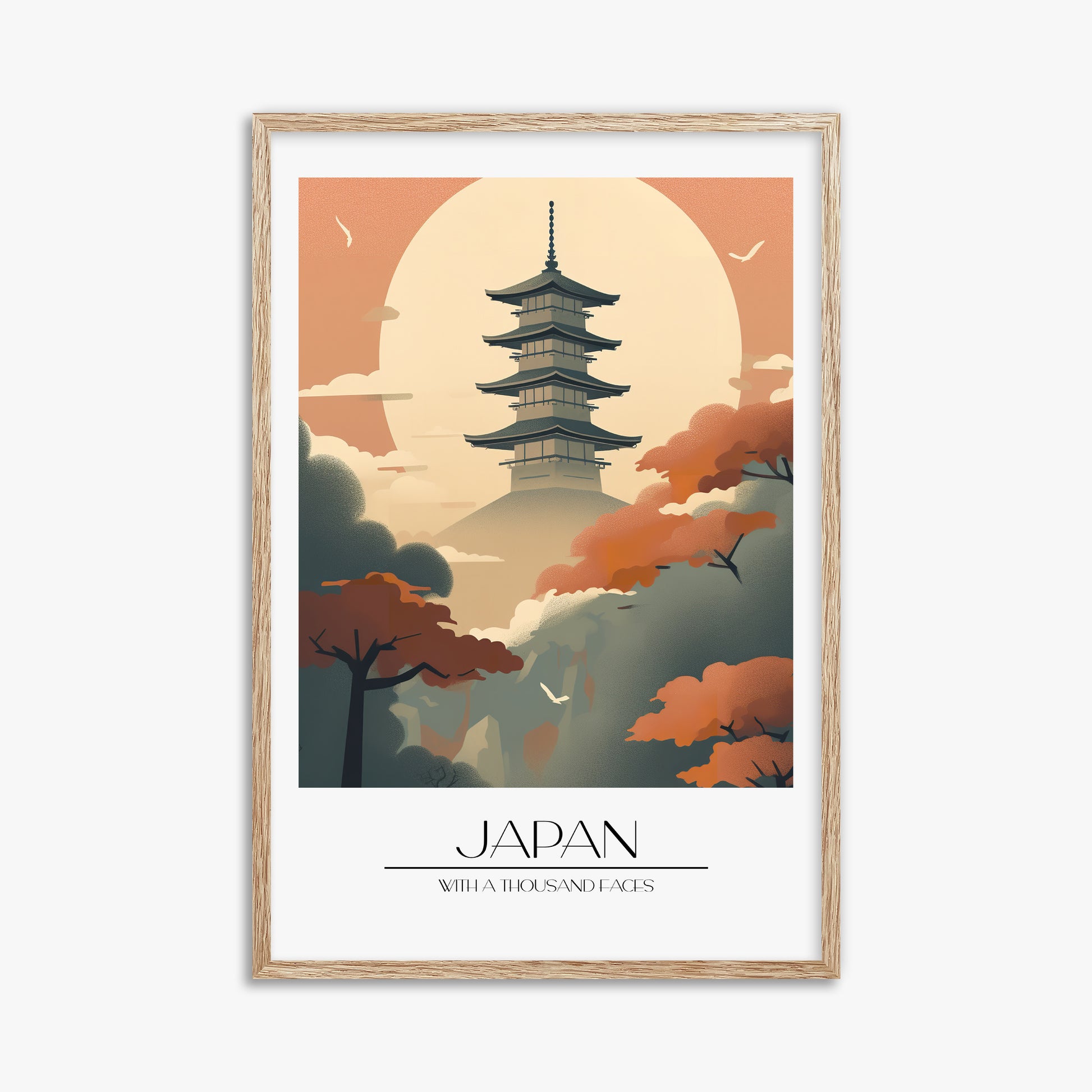 Misty Pagoda Silhouette, 61x91cm Framed Poster With Raw Oak Frame