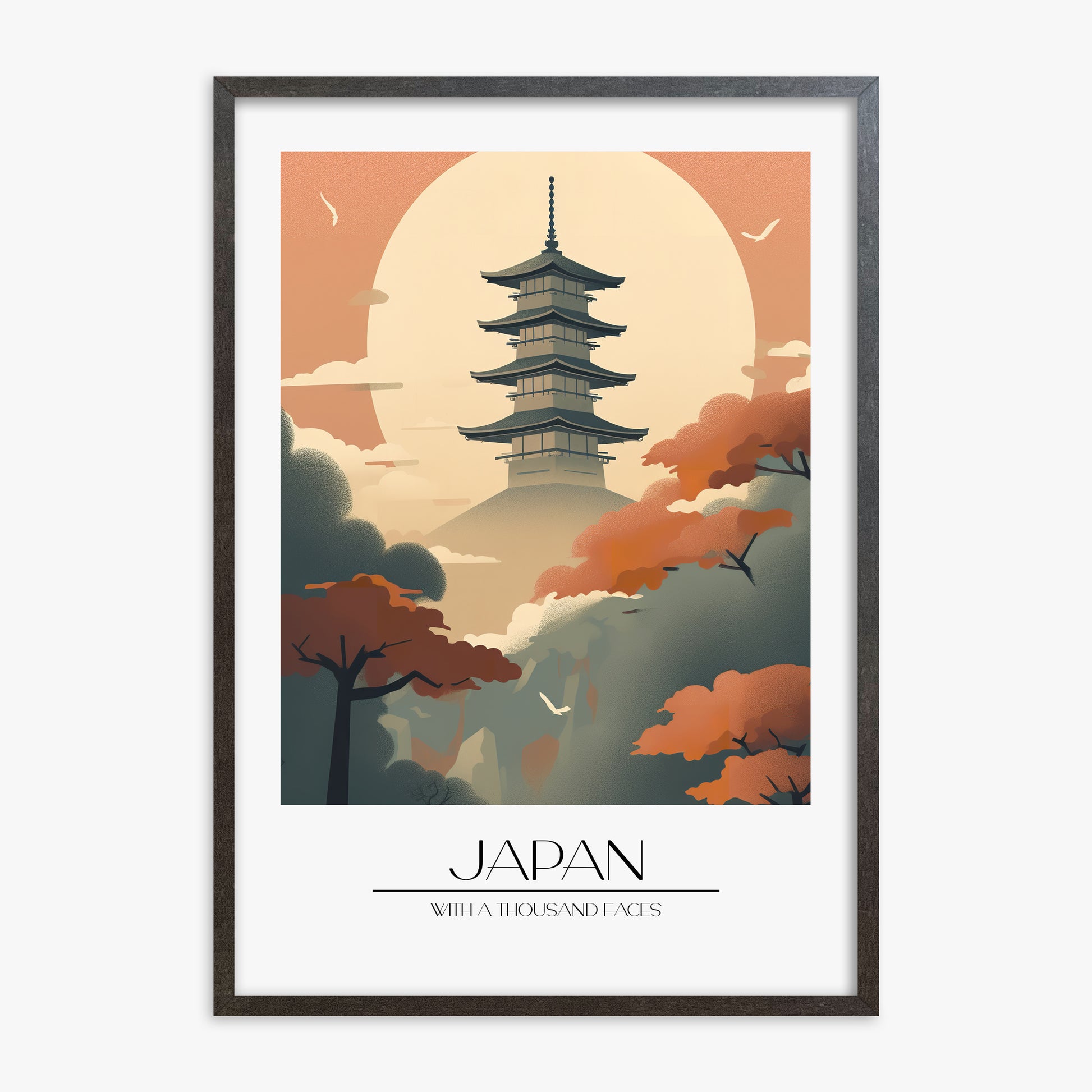 Misty Pagoda Silhouette, 70x100cm Framed Poster With Espresso Frame