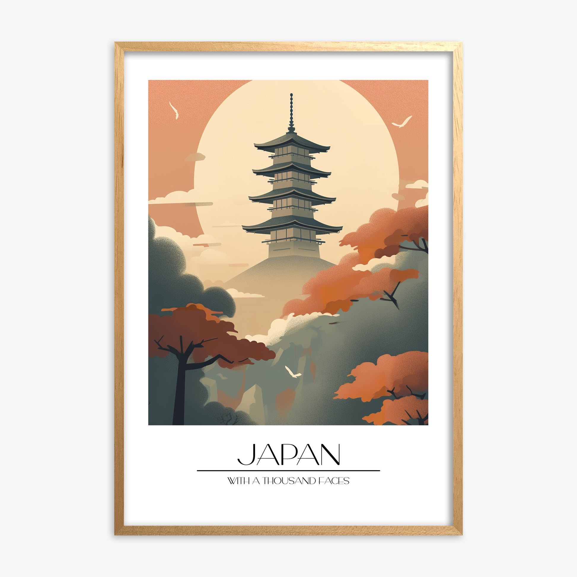 Misty Pagoda Silhouette, Oak Framed Poster With Oak Frame