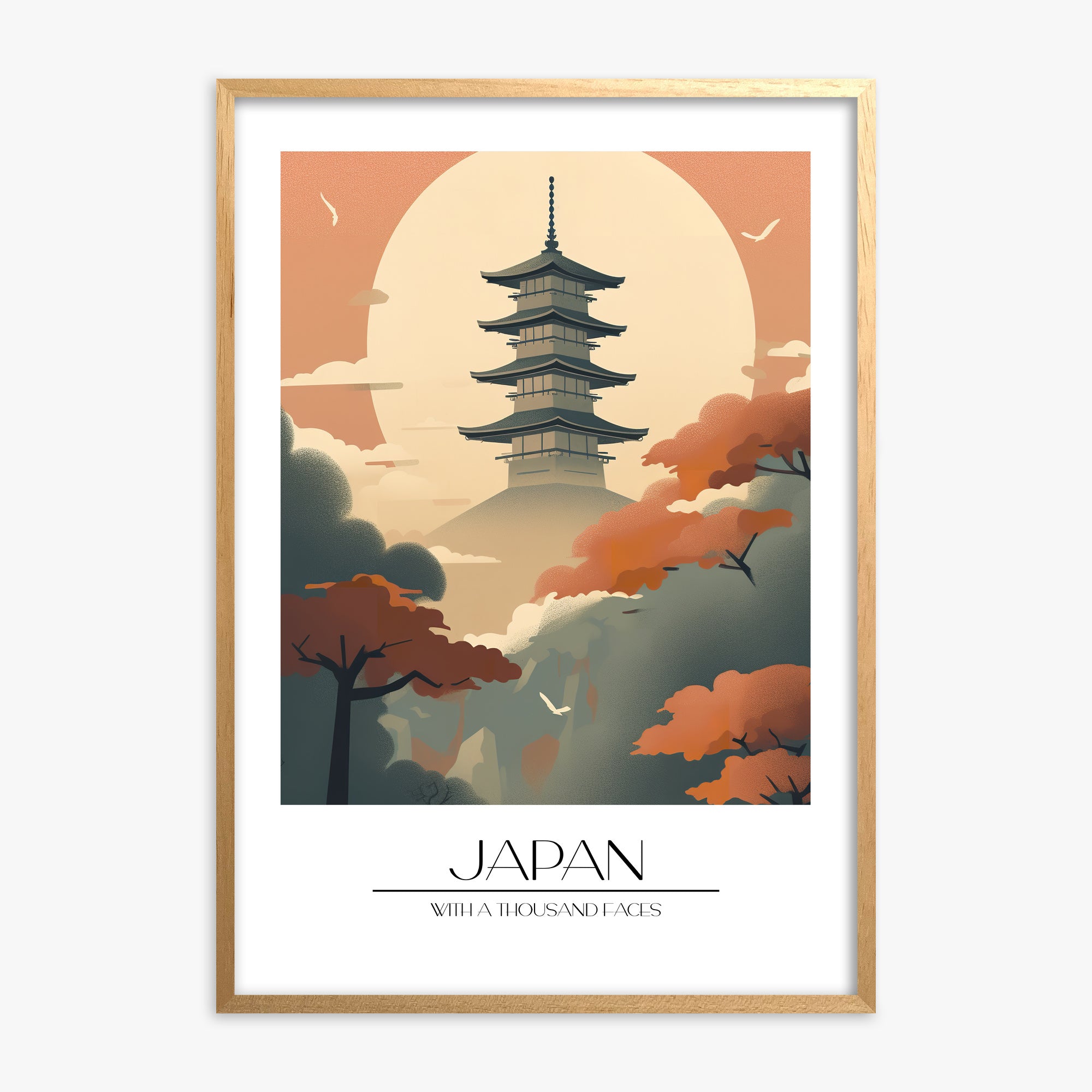 Misty Pagoda Silhouette, Oak Framed Poster With Oak Frame