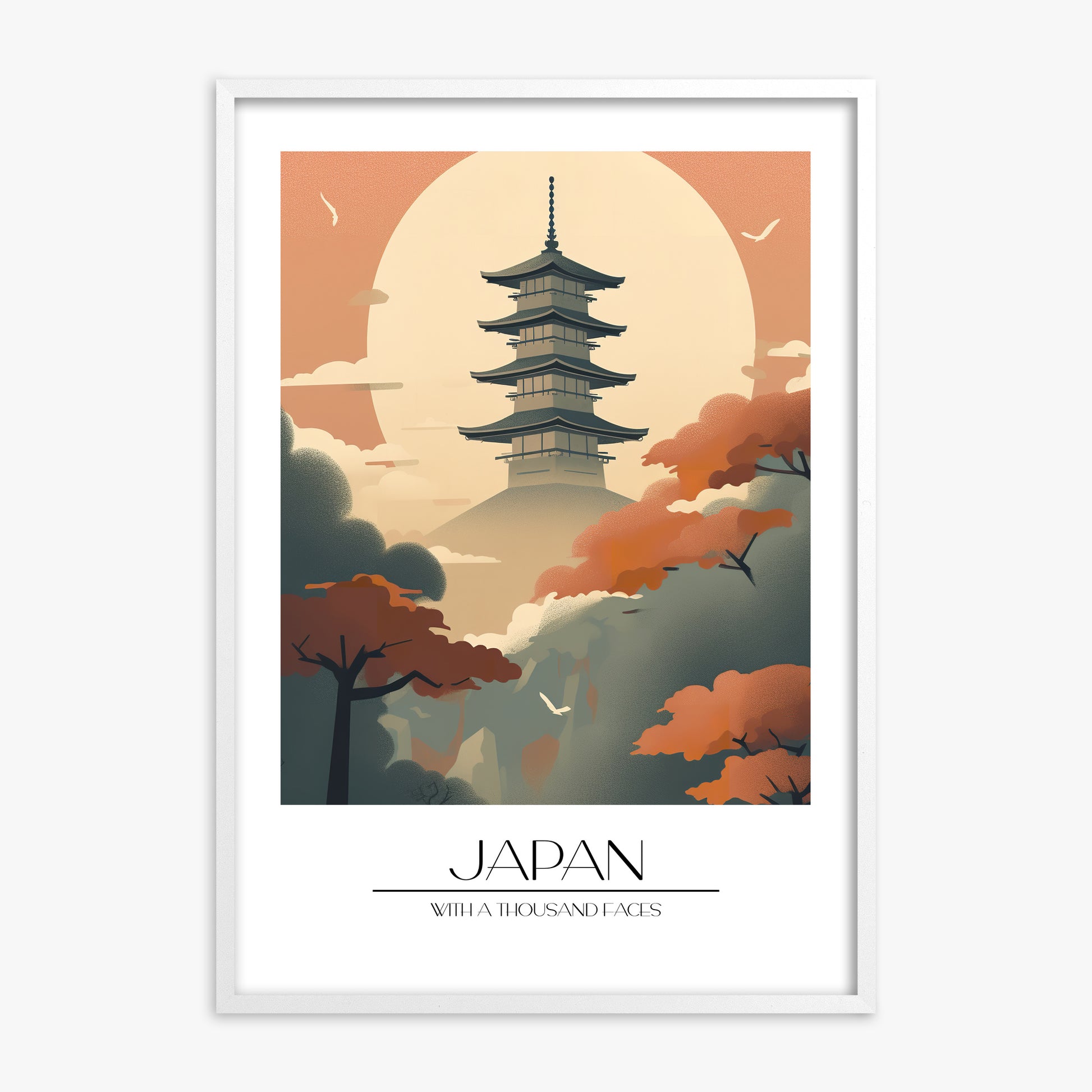Misty Pagoda Silhouette, White Framed Poster With White Frame