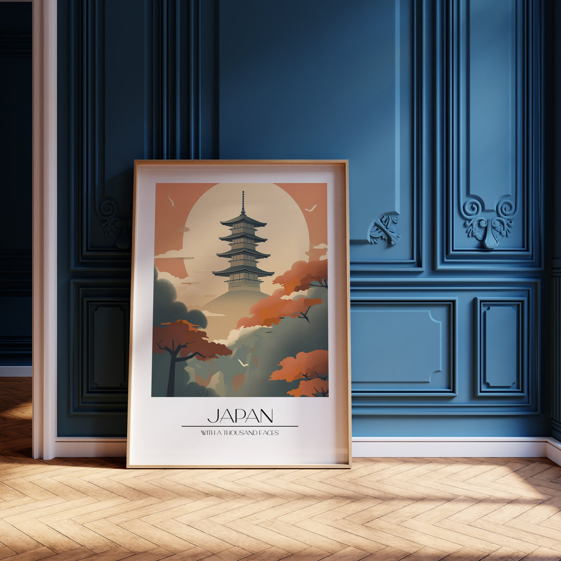 Misty Pagoda Silhouette, 50x70cm Framed Poster With Black Frame