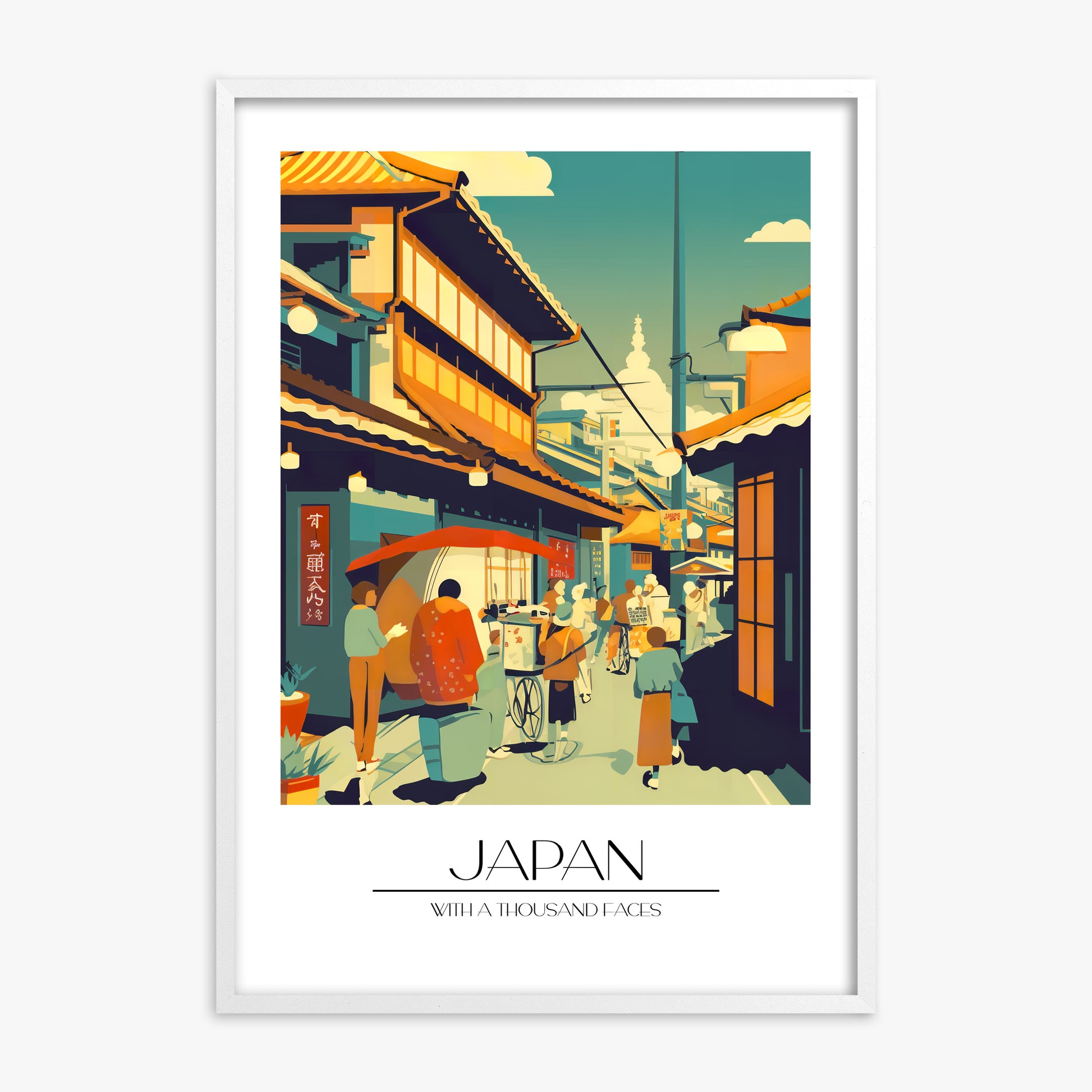 Market Lane Stroll, White Framed Poster With White Frame