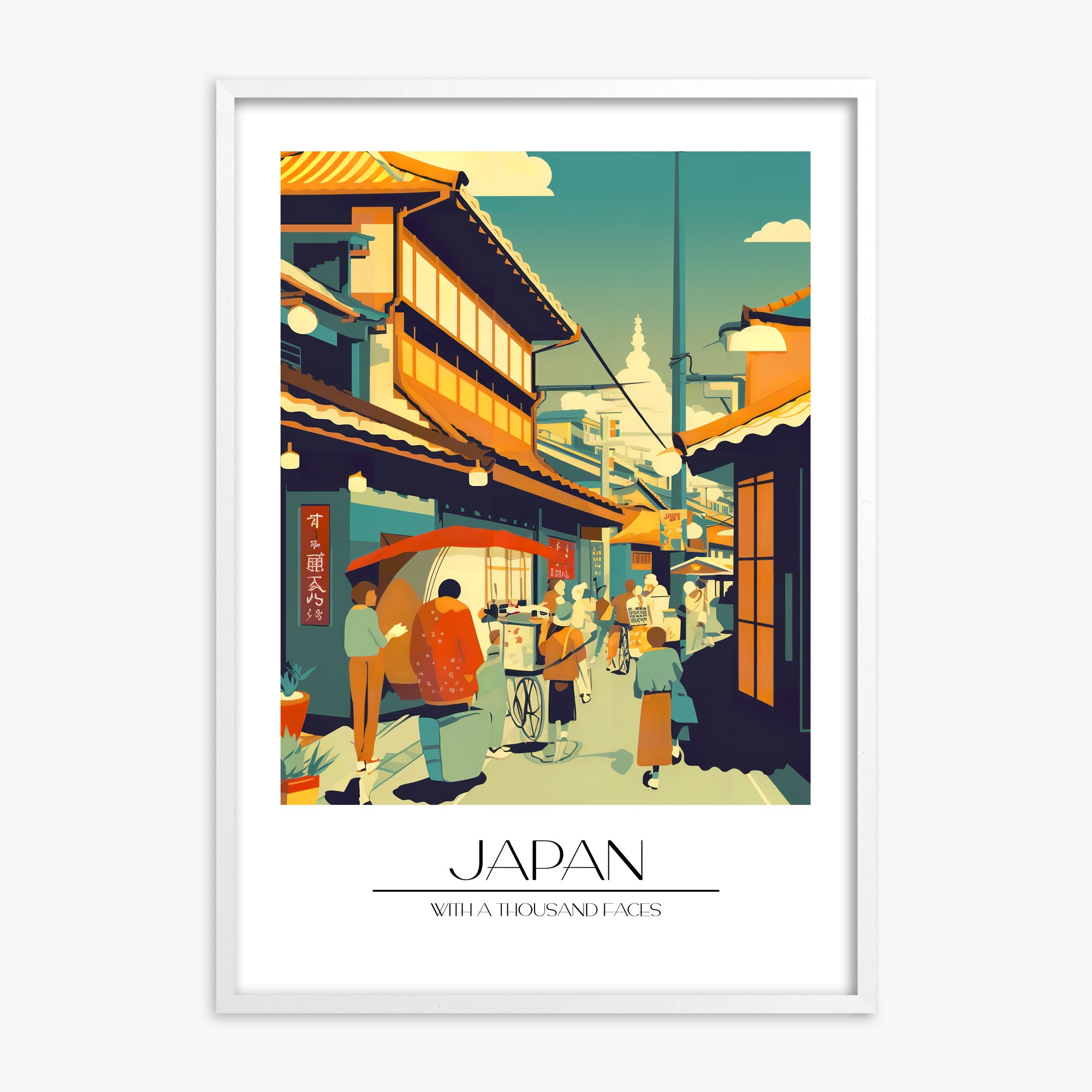 Market Lane Stroll, White Framed Poster With White Frame