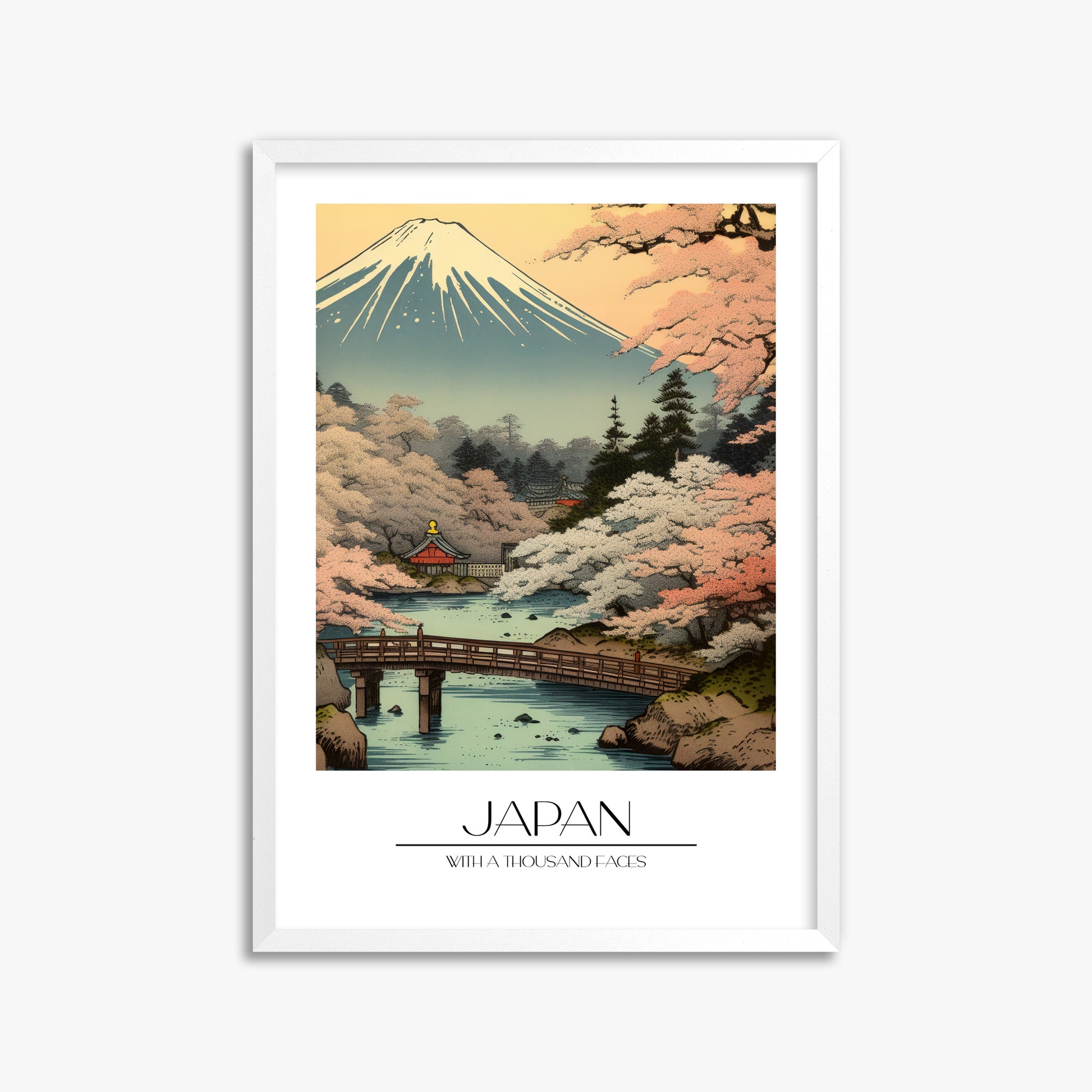 Serene Sakura Summit, 50x70cm Framed Poster With White Frame