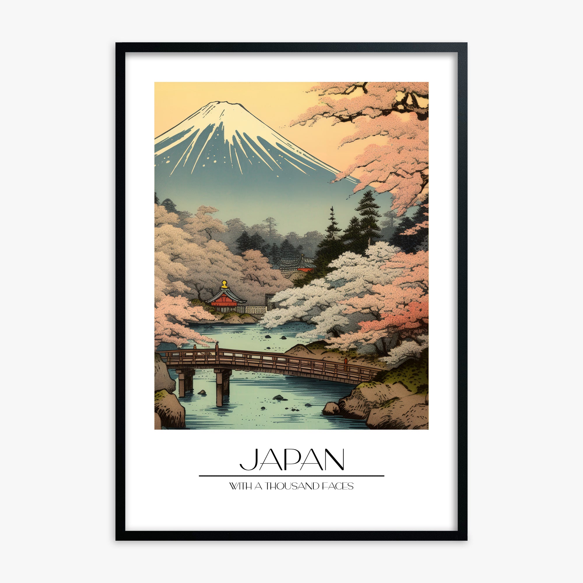 Serene Sakura Summit, Black Framed Poster With Black Frame