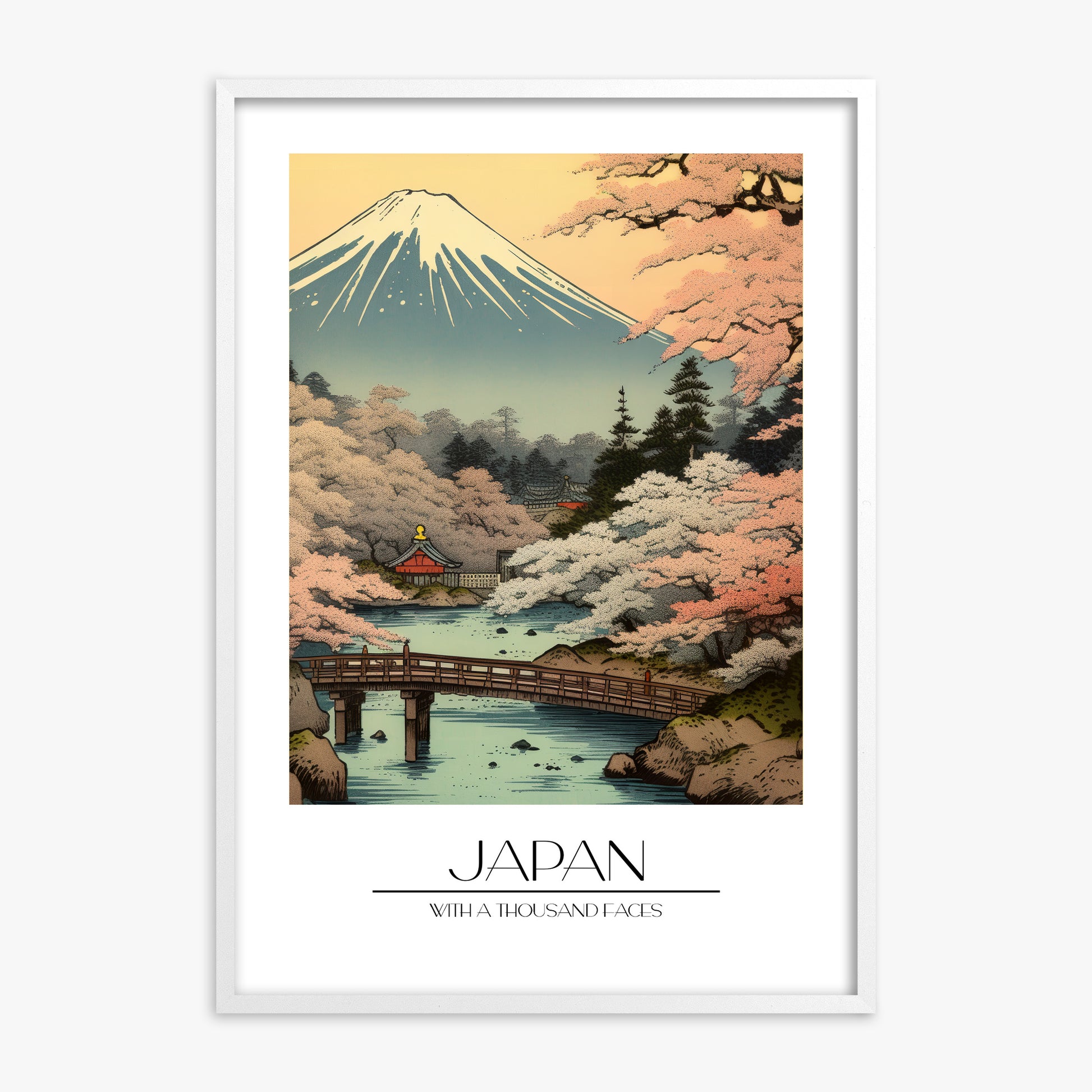 Serene Sakura Summit, White Framed Poster With White Frame