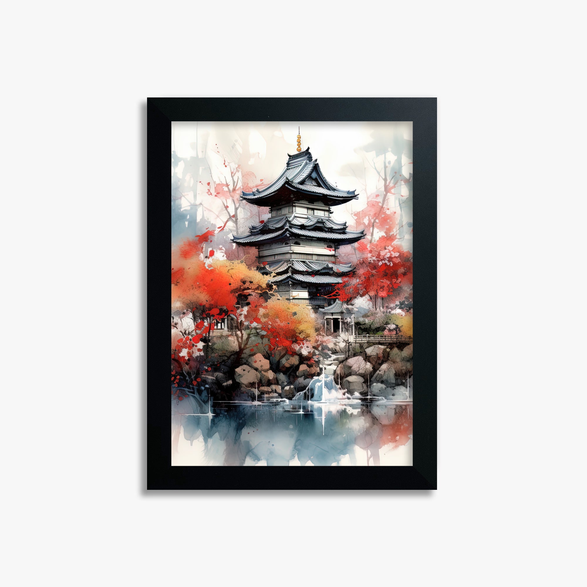 Autumn Serenity Pagoda, 21x30cm Framed Poster With Black Frame