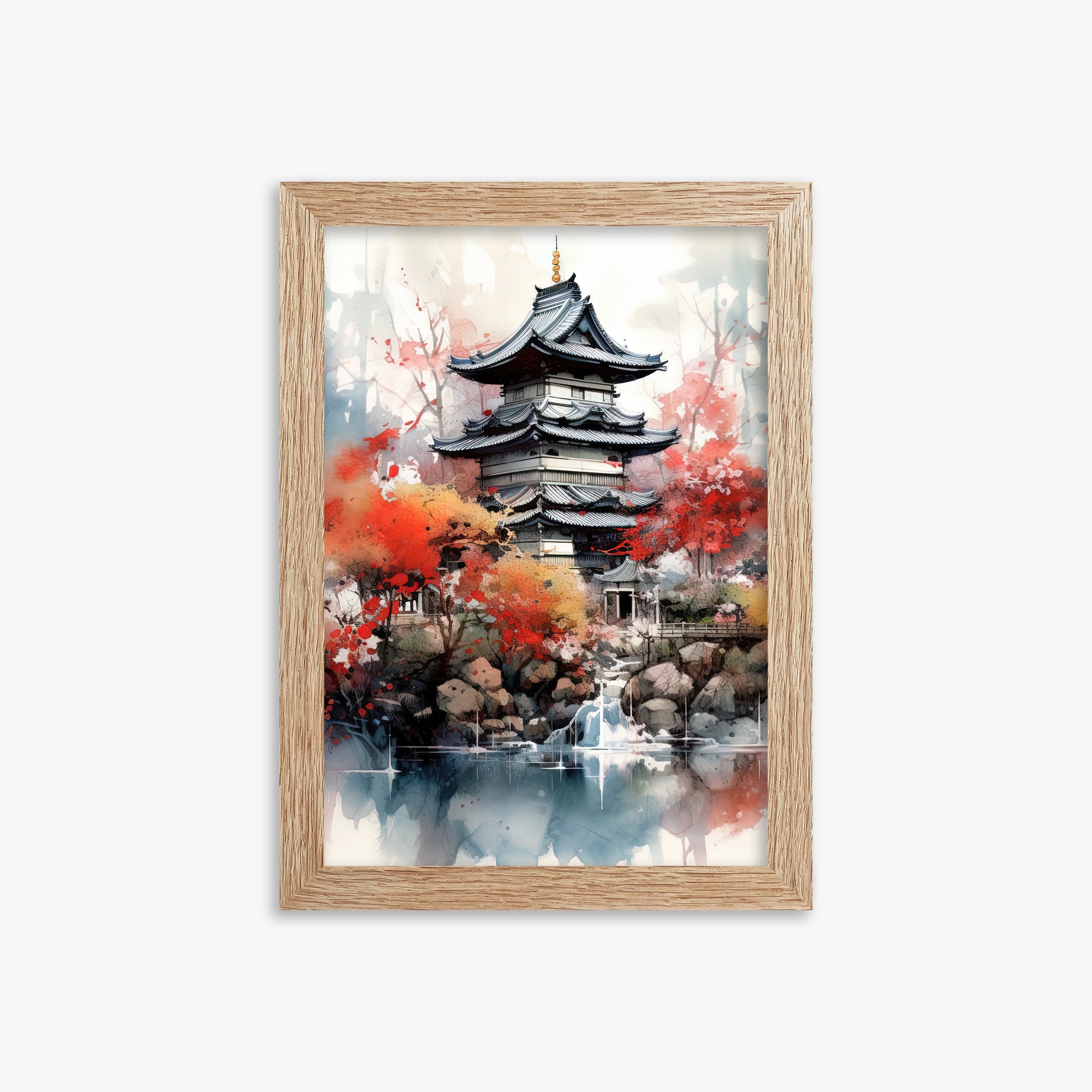 Autumn Serenity Pagoda, 21x30cm Framed Poster With Raw Oak Frame