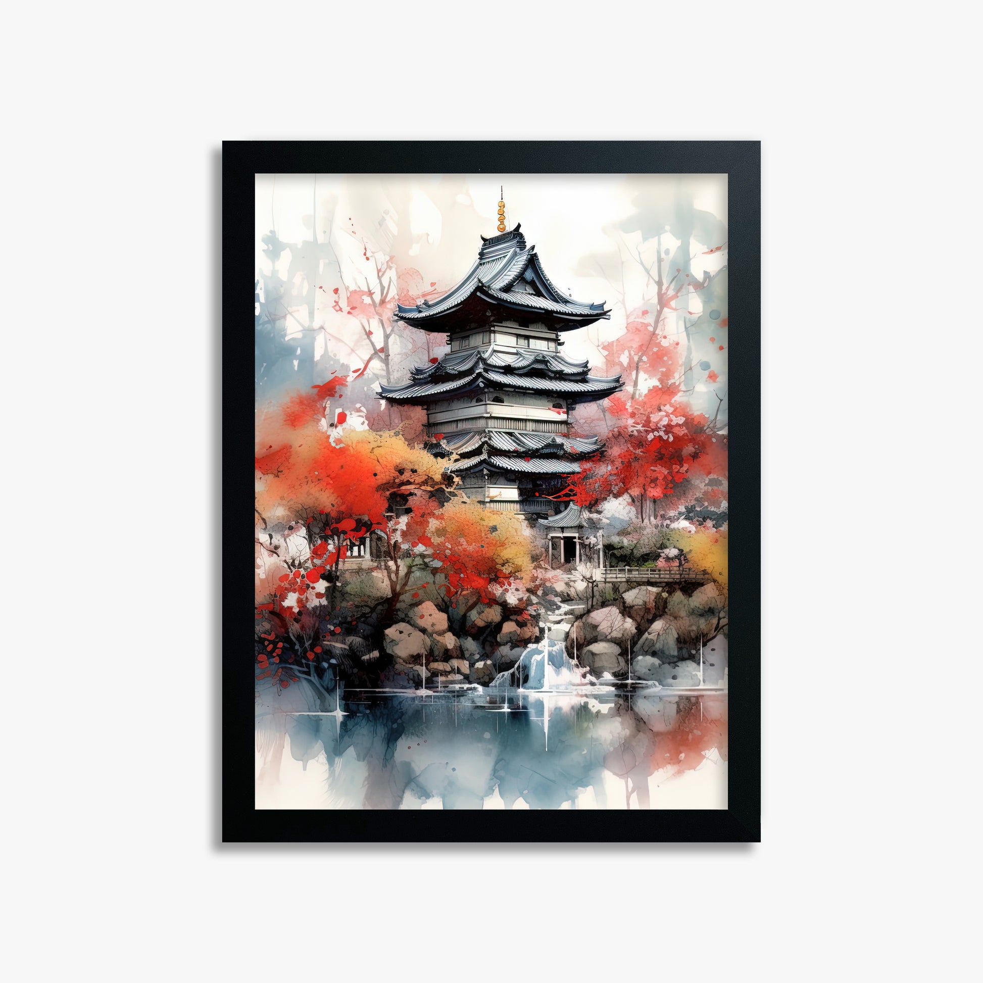 Autumn Serenity Pagoda, 30x40cm Framed Poster With Black Frame