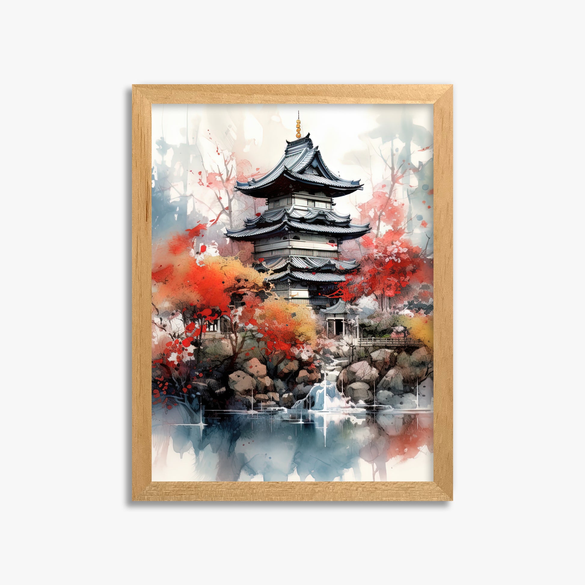 Autumn Serenity Pagoda, 30x40cm Framed Poster With Oak Frame