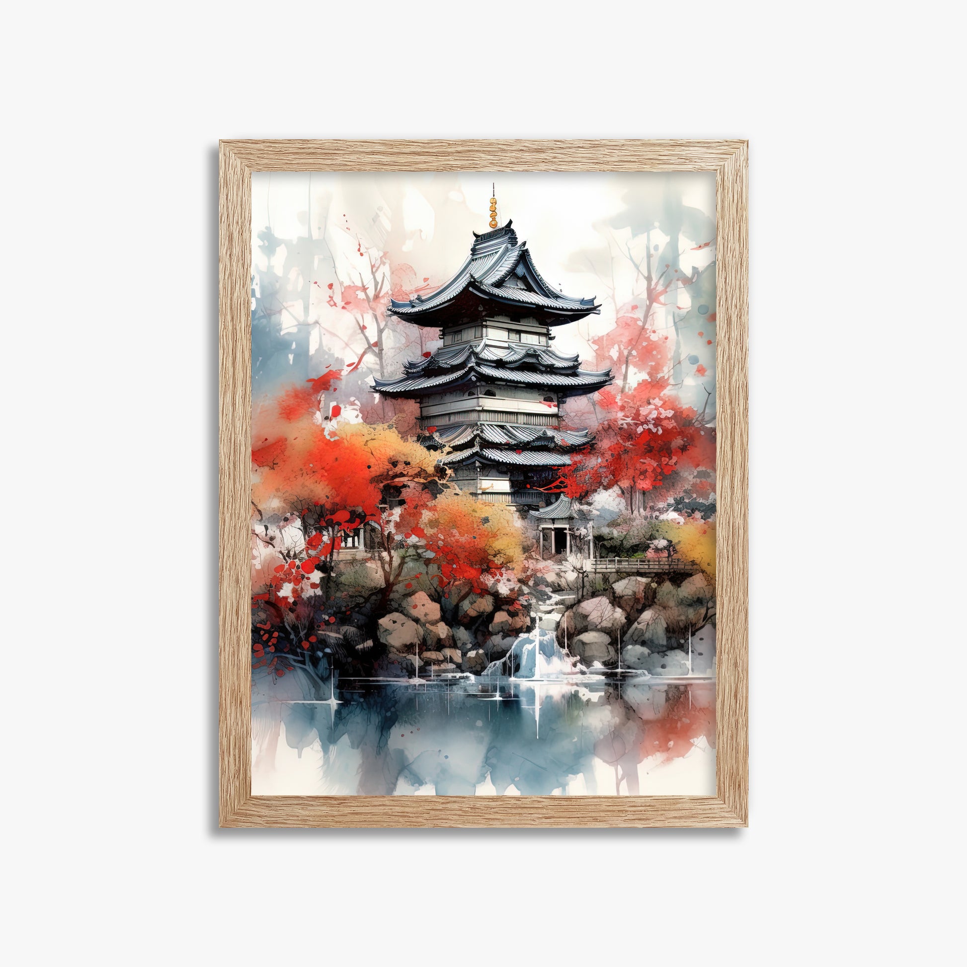 Autumn Serenity Pagoda, 30x40cm Framed Poster With Raw Oak Frame