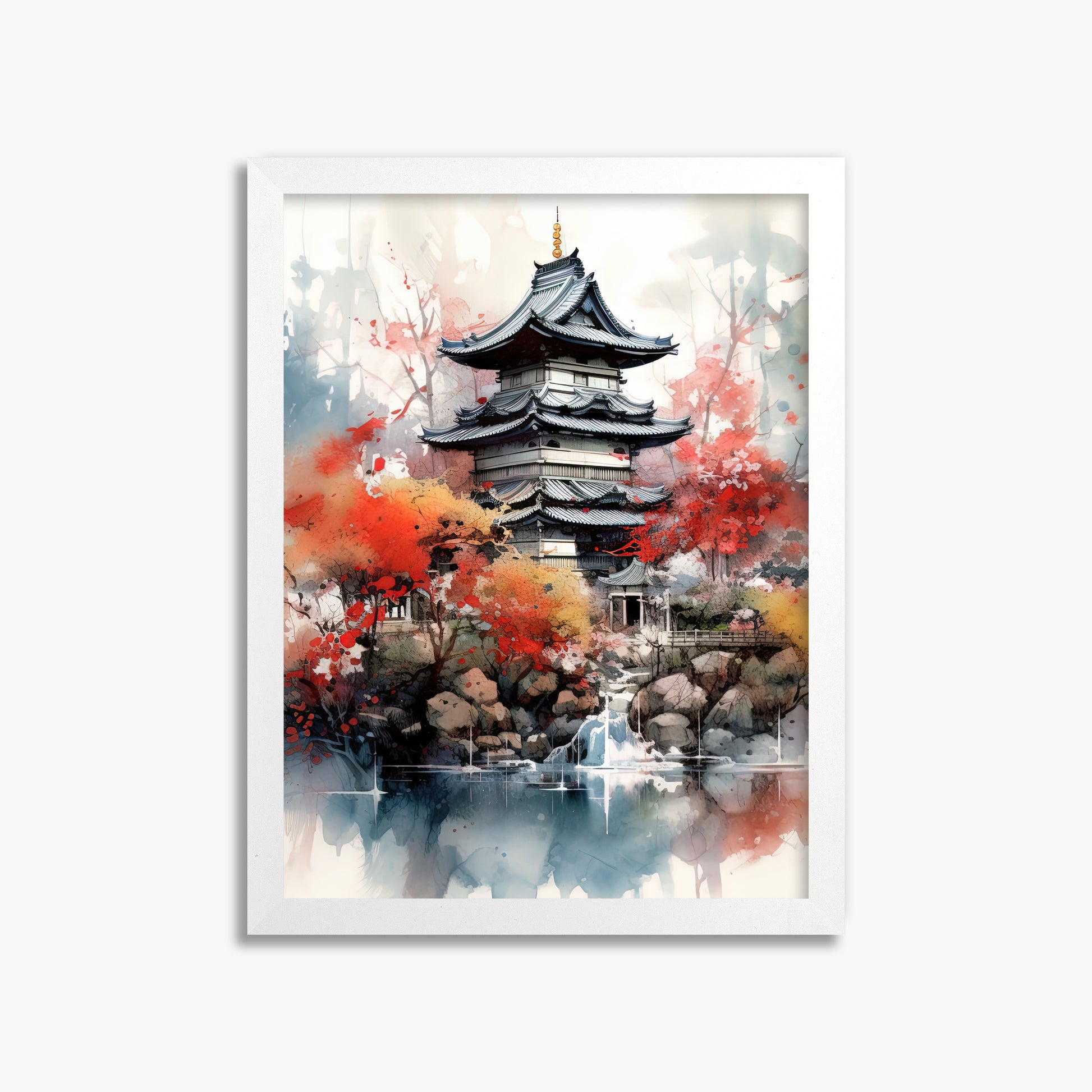 Autumn Serenity Pagoda, 30x40cm Framed Poster With White Frame