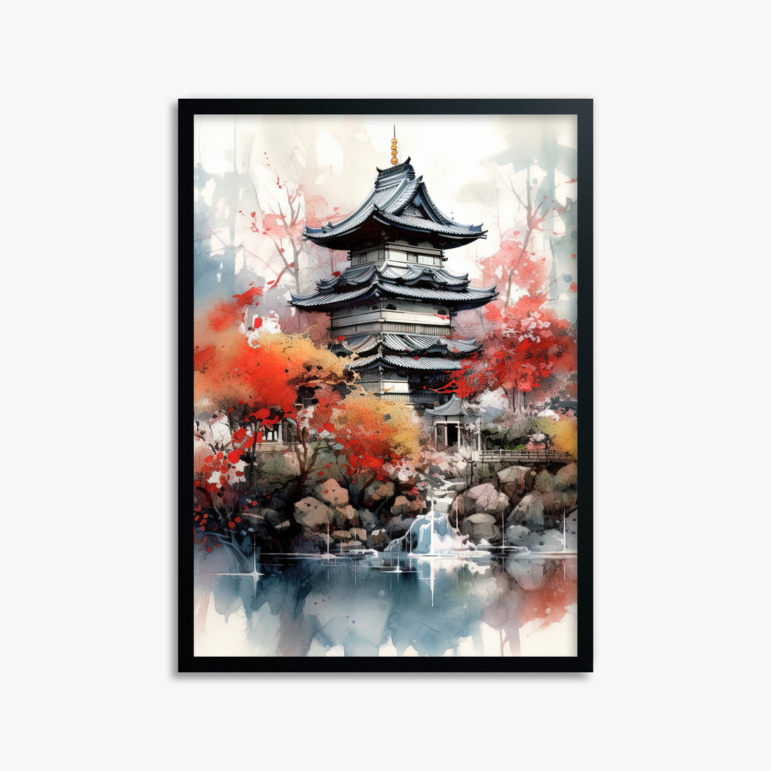 Autumn Serenity Pagoda, 50x70cm Framed Poster With Black Frame