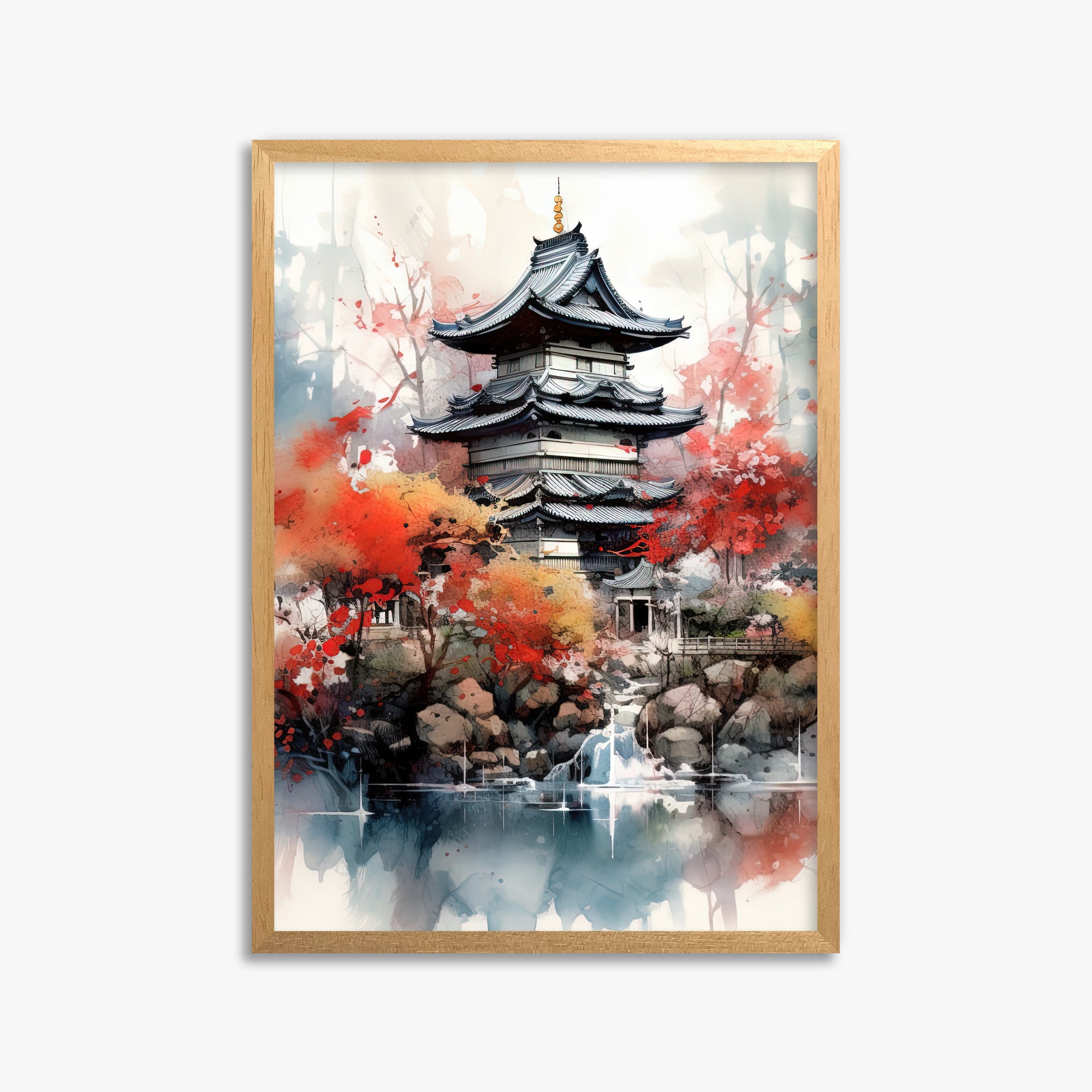 Autumn Serenity Pagoda, 50x70cm Framed Poster With Oak Frame