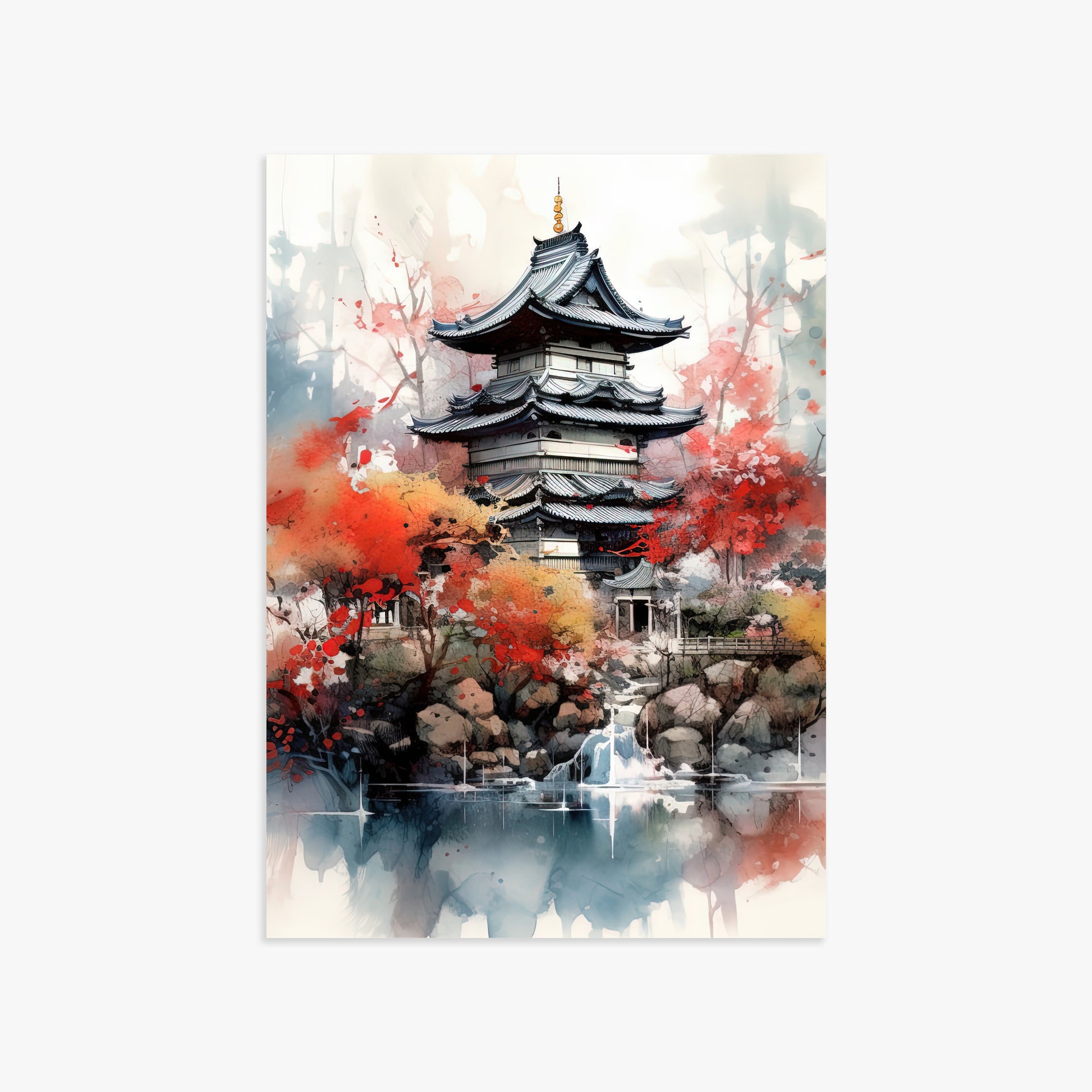 Autumn Serenity Pagoda, 50x70cm Poster Unframed