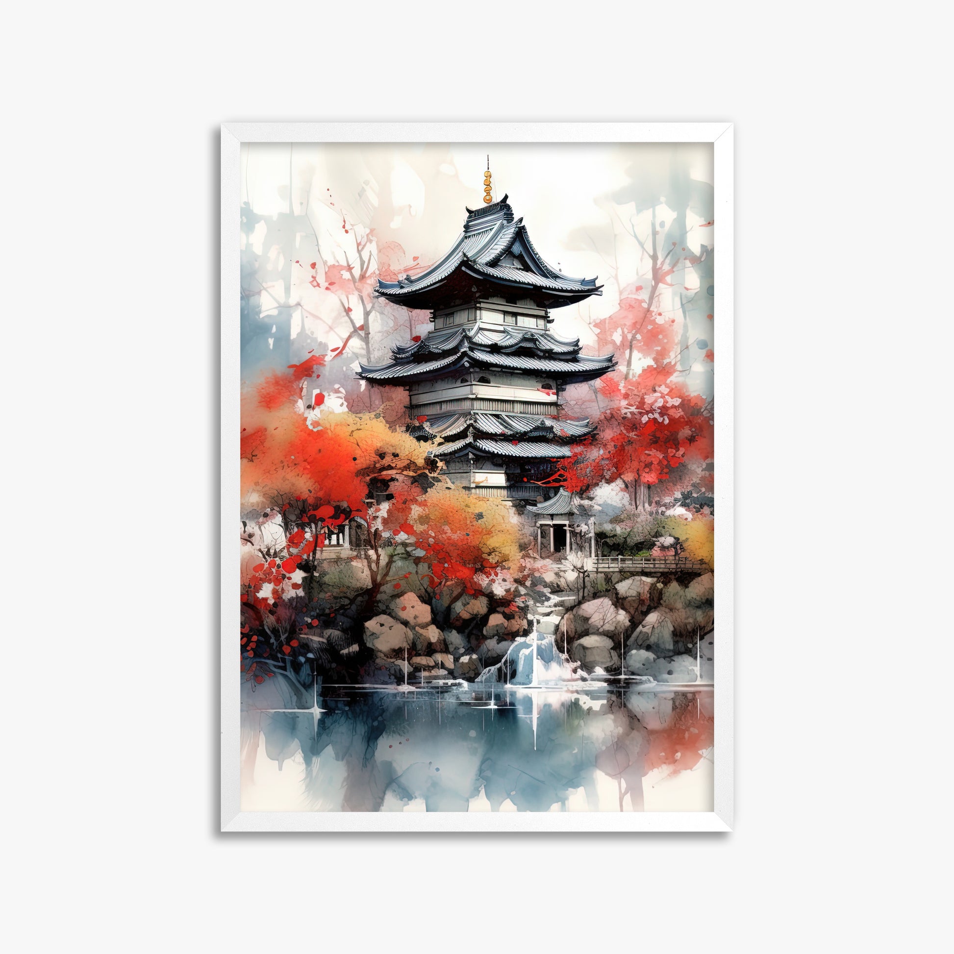 Autumn Serenity Pagoda, 50x70cm Framed Poster With White Frame