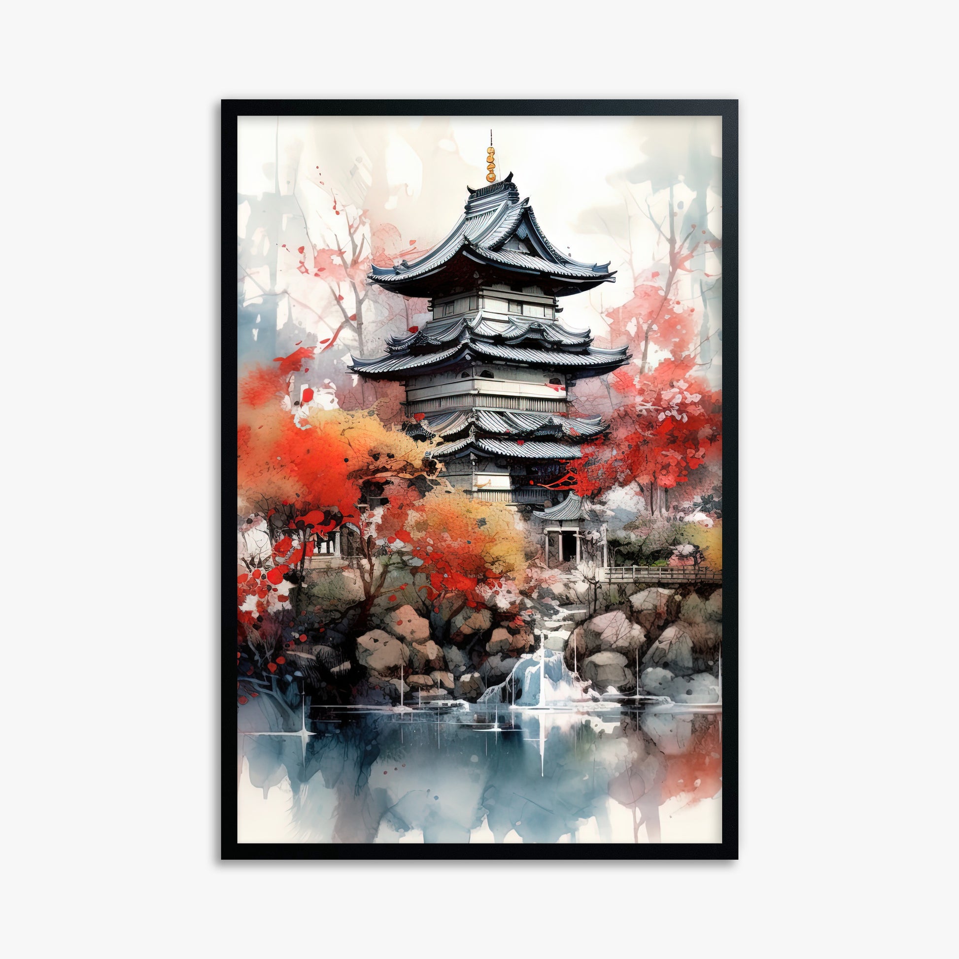 Autumn Serenity Pagoda, 61x91cm Framed Poster With Black Frame