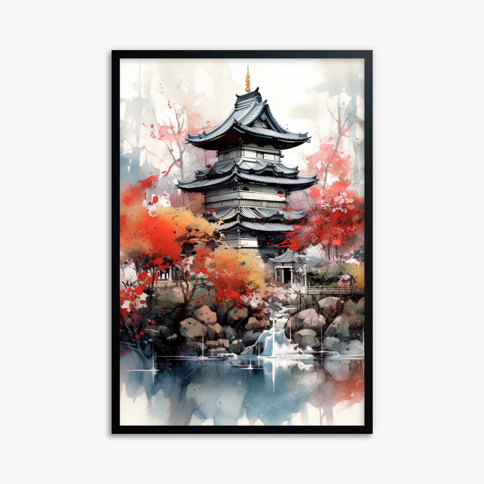 Autumn Serenity Pagoda, 61x91cm Framed Poster With Black Frame