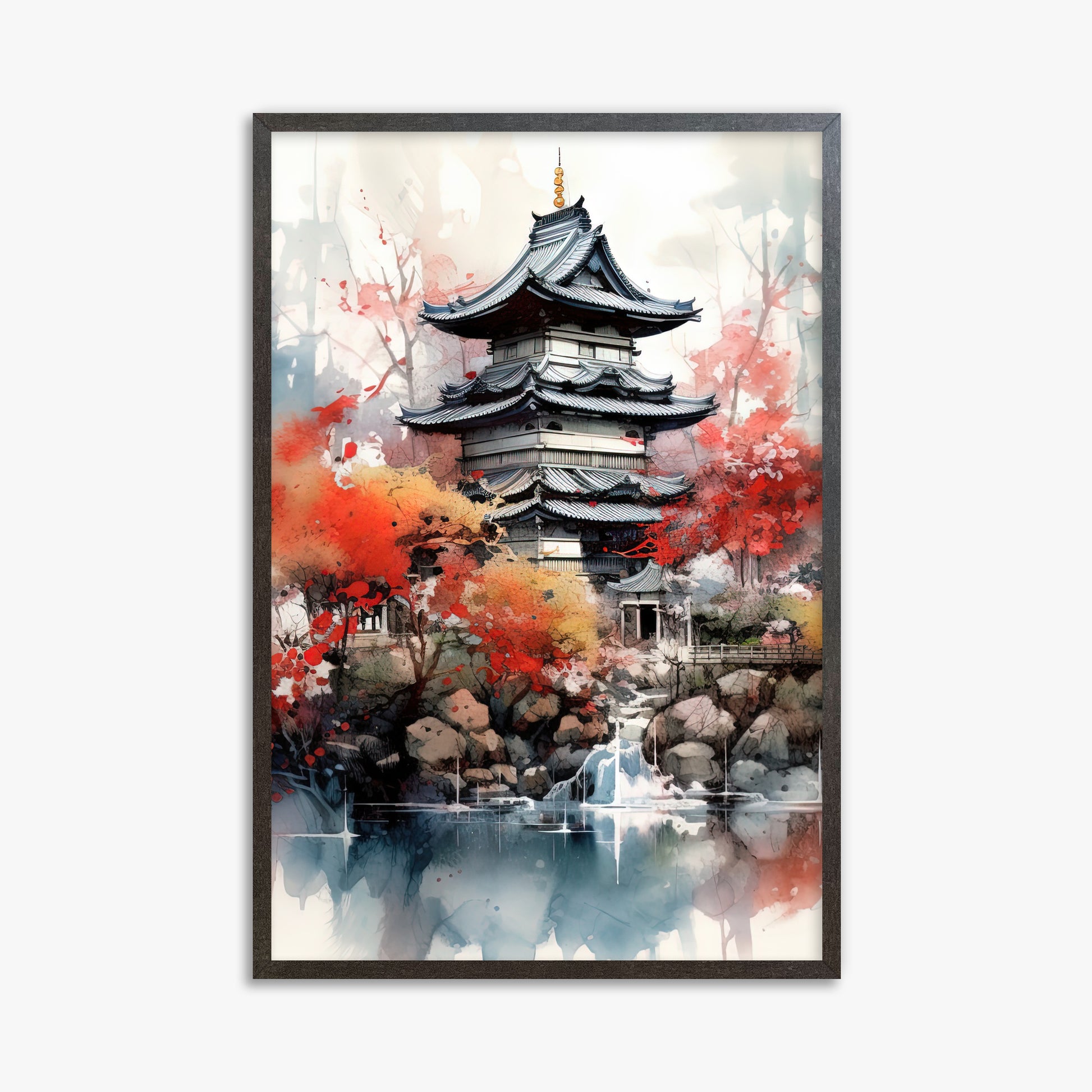 Autumn Serenity Pagoda, 61x91cm Framed Poster With Espresso Frame