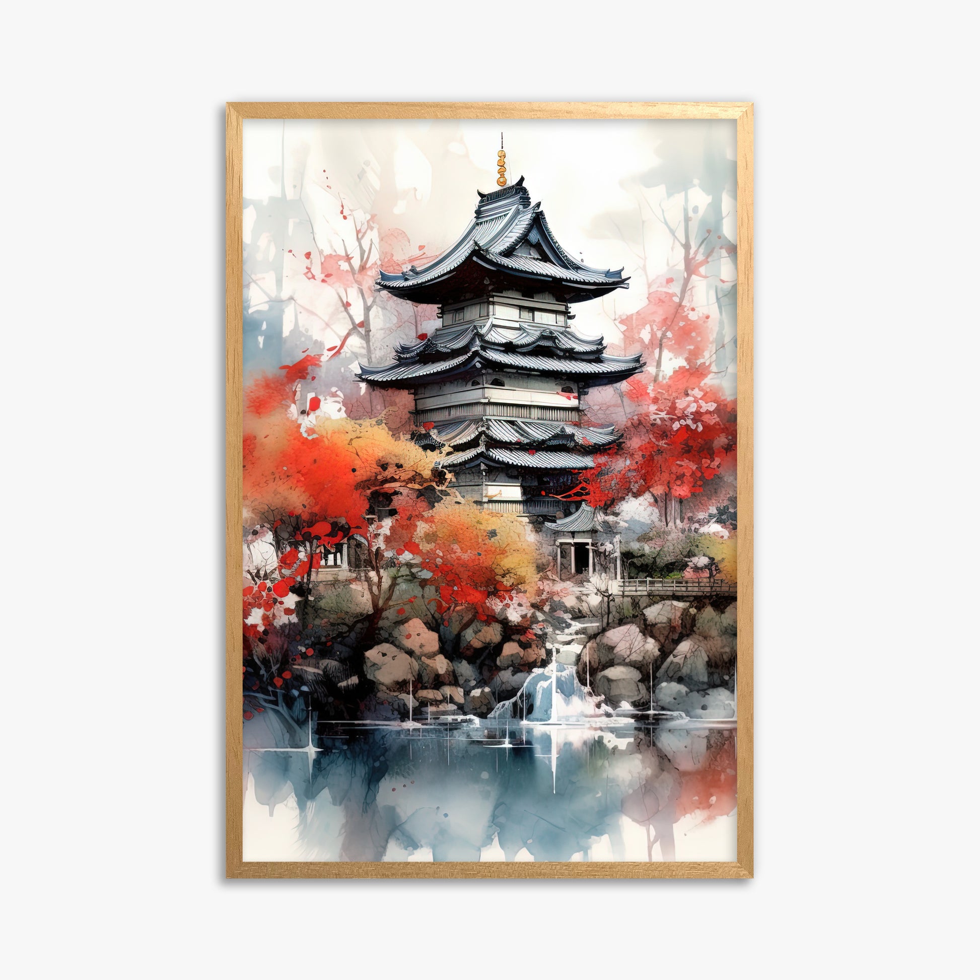 Autumn Serenity Pagoda, 61x91cm Framed Poster With Oak Frame