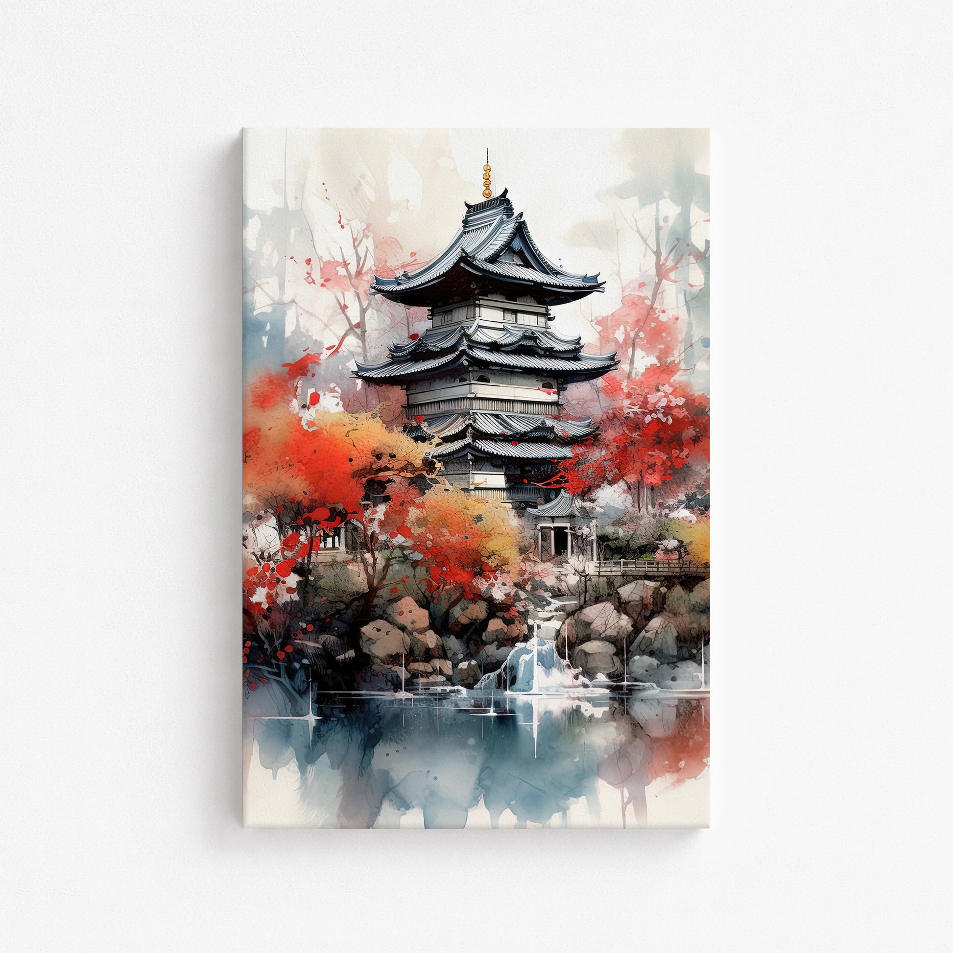 Autumn Serenity Pagoda, 61x91cm Satin Canvas Poster
