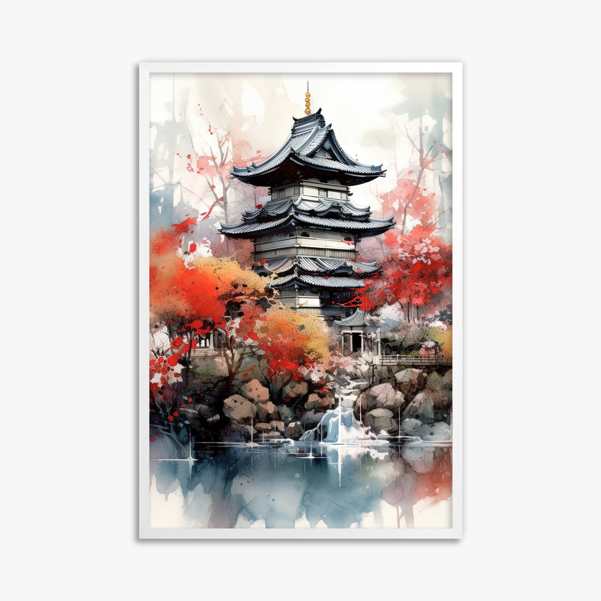 Autumn Serenity Pagoda, 61x91cm Framed Poster With White Frame