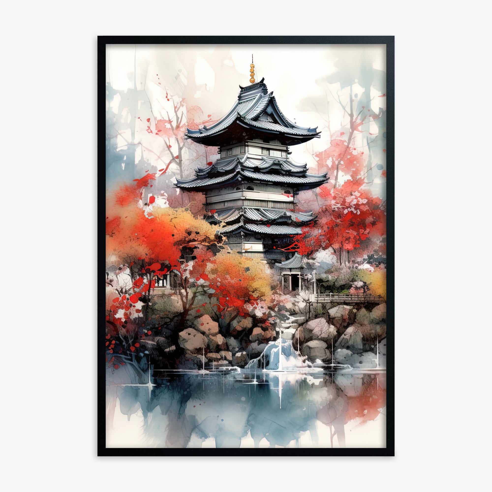 Autumn Serenity Pagoda, Black Framed Poster With Black Frame