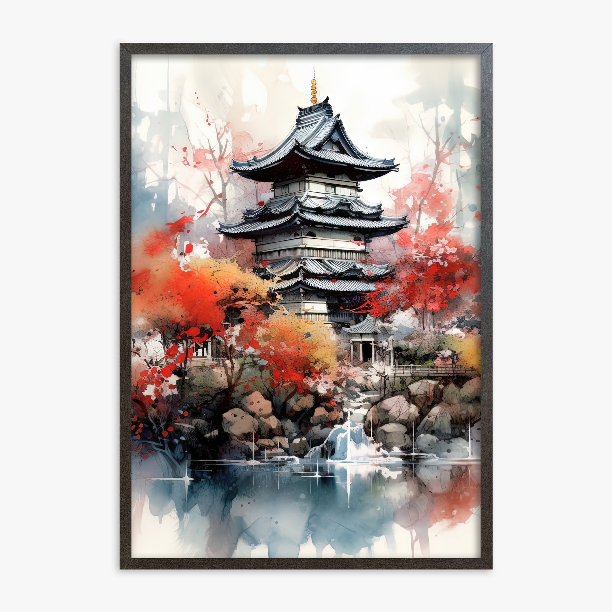 Autumn Serenity Pagoda, 70x100cm Framed Poster With Espresso Frame