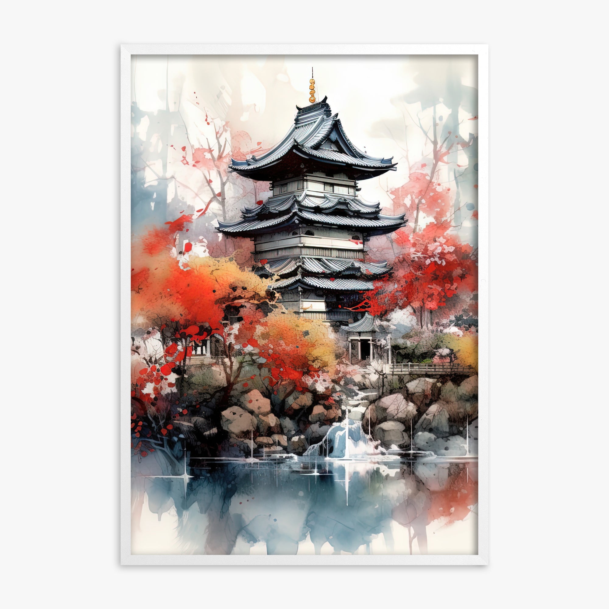Autumn Serenity Pagoda, White Framed Poster With White Frame