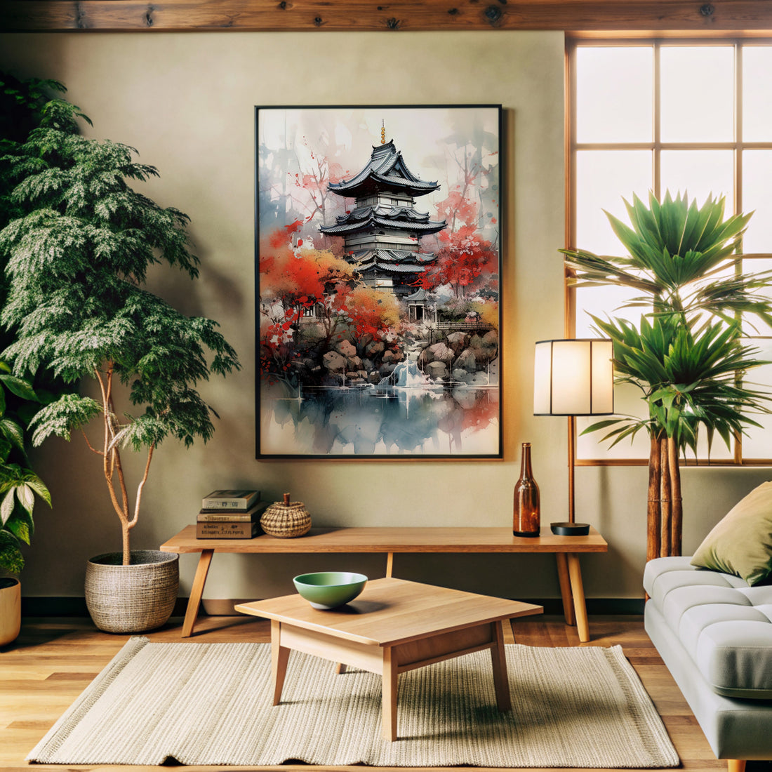 Autumn Serenity Pagoda, 50x70cm Framed Poster With Black Frame