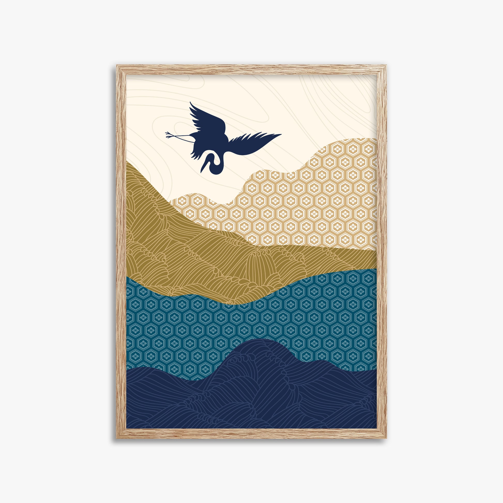 Soaring Crane Harmony, 50x70cm Framed Poster With Raw Oak Frame