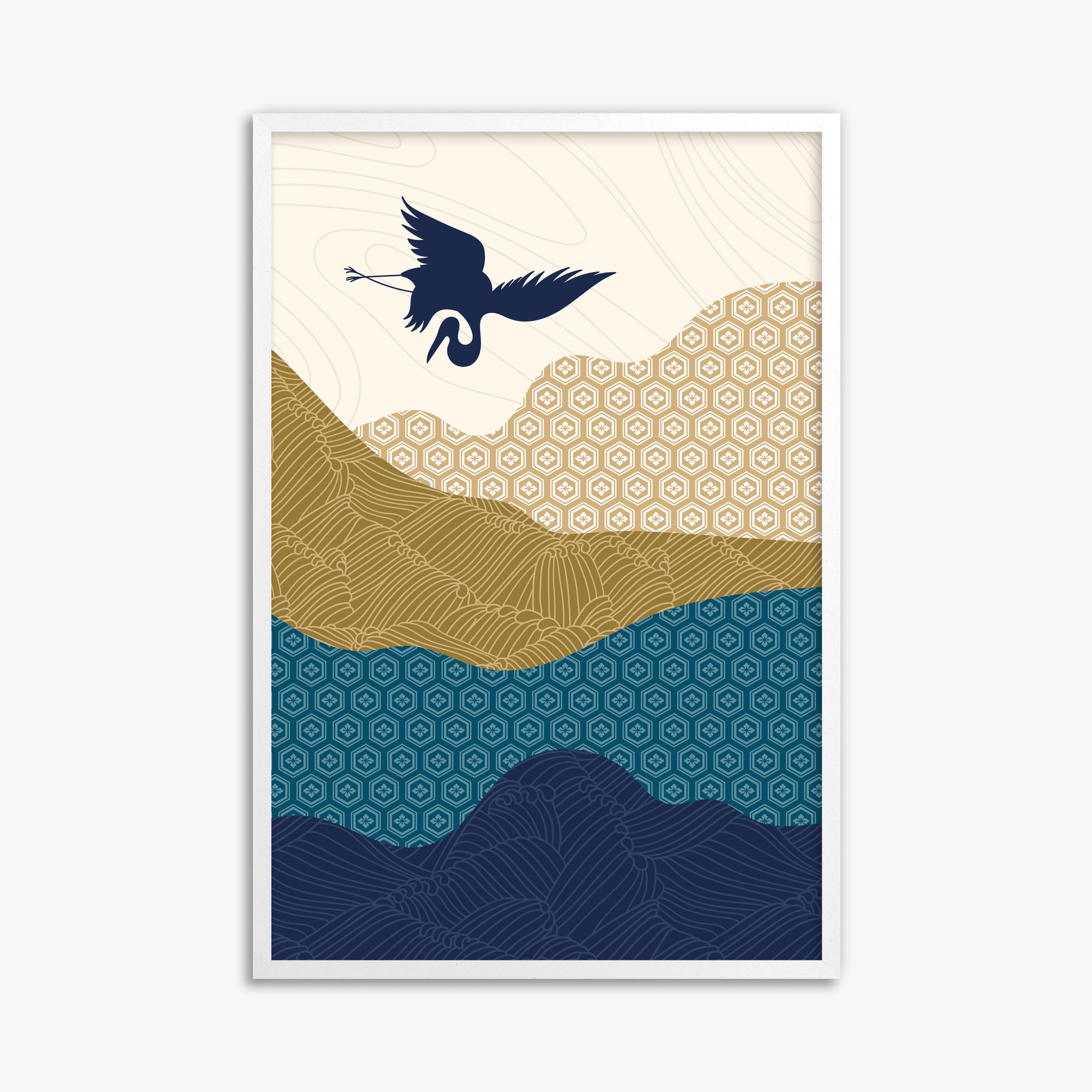 Soaring Crane Harmony, 61x91cm Framed Poster With White Frame