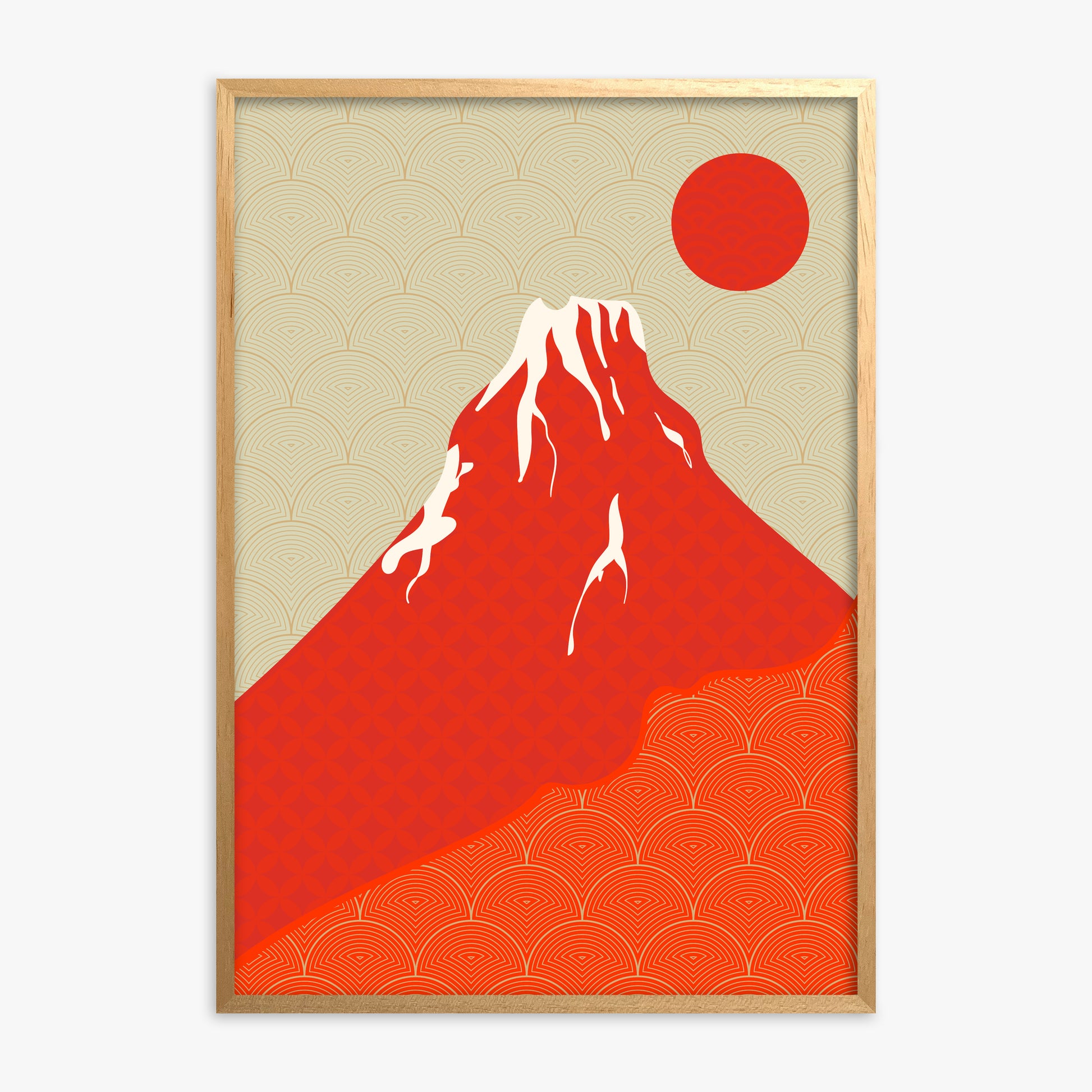 Crimson Fuji Sunset, Oak Framed Poster With Oak Frame