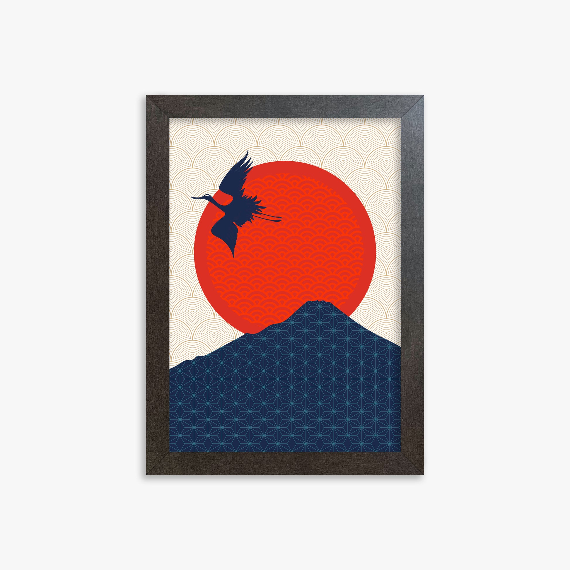 Crane At Crimson Sun, 21x30cm Framed Poster With Espresso Frame