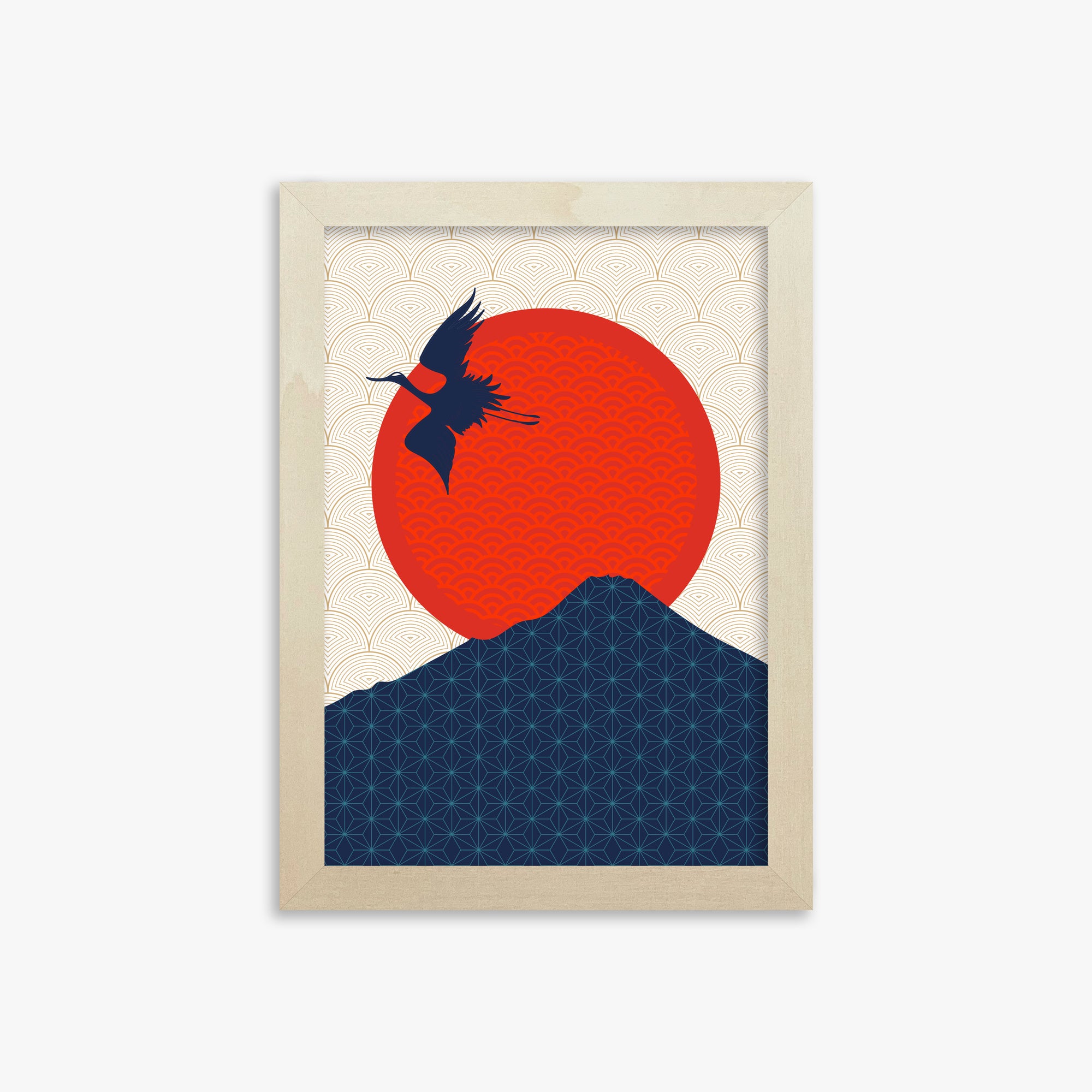 Crane At Crimson Sun, 21x30cm Framed Poster With Lime Wood Frame
