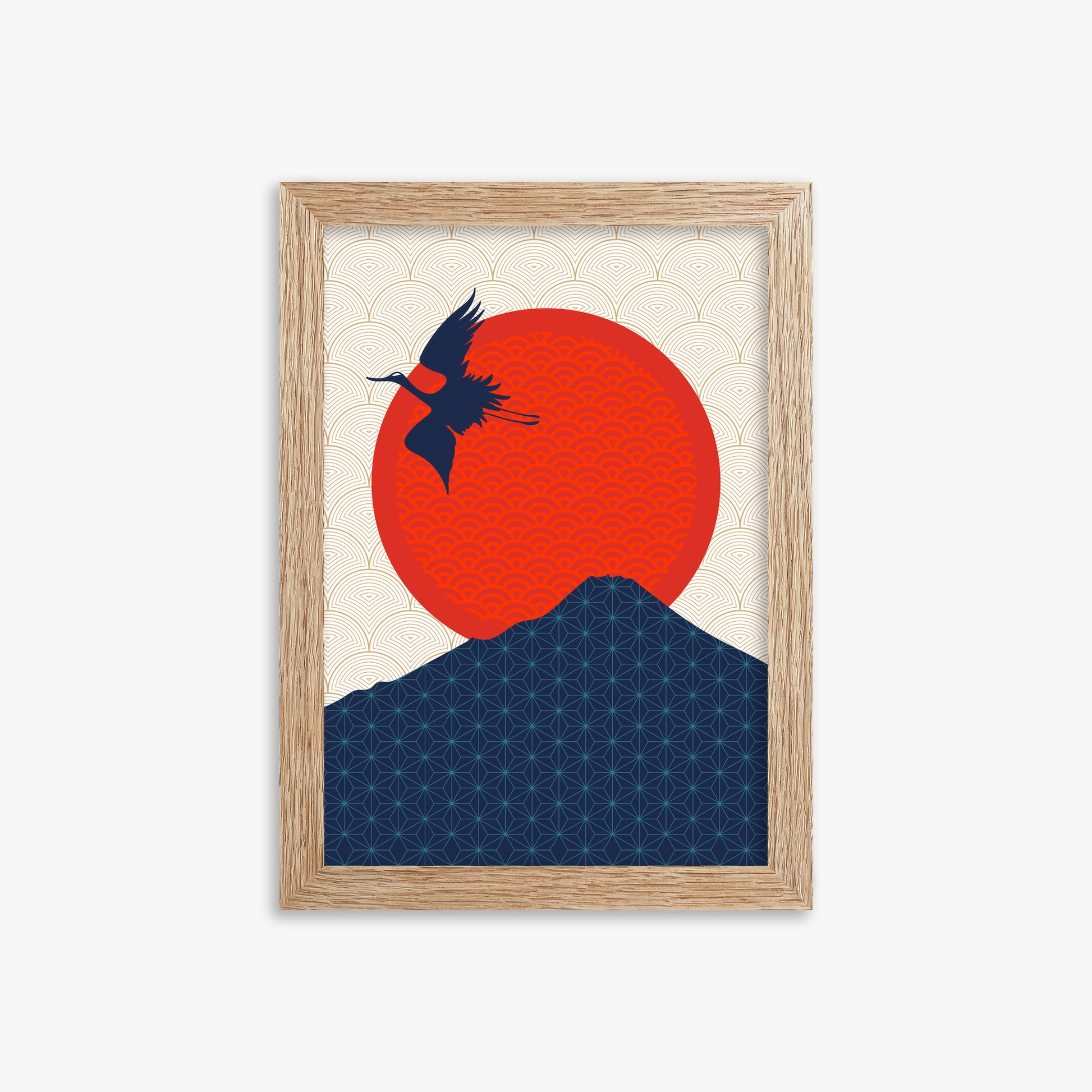 Crane At Crimson Sun, 21x30cm Framed Poster With Raw Oak Frame