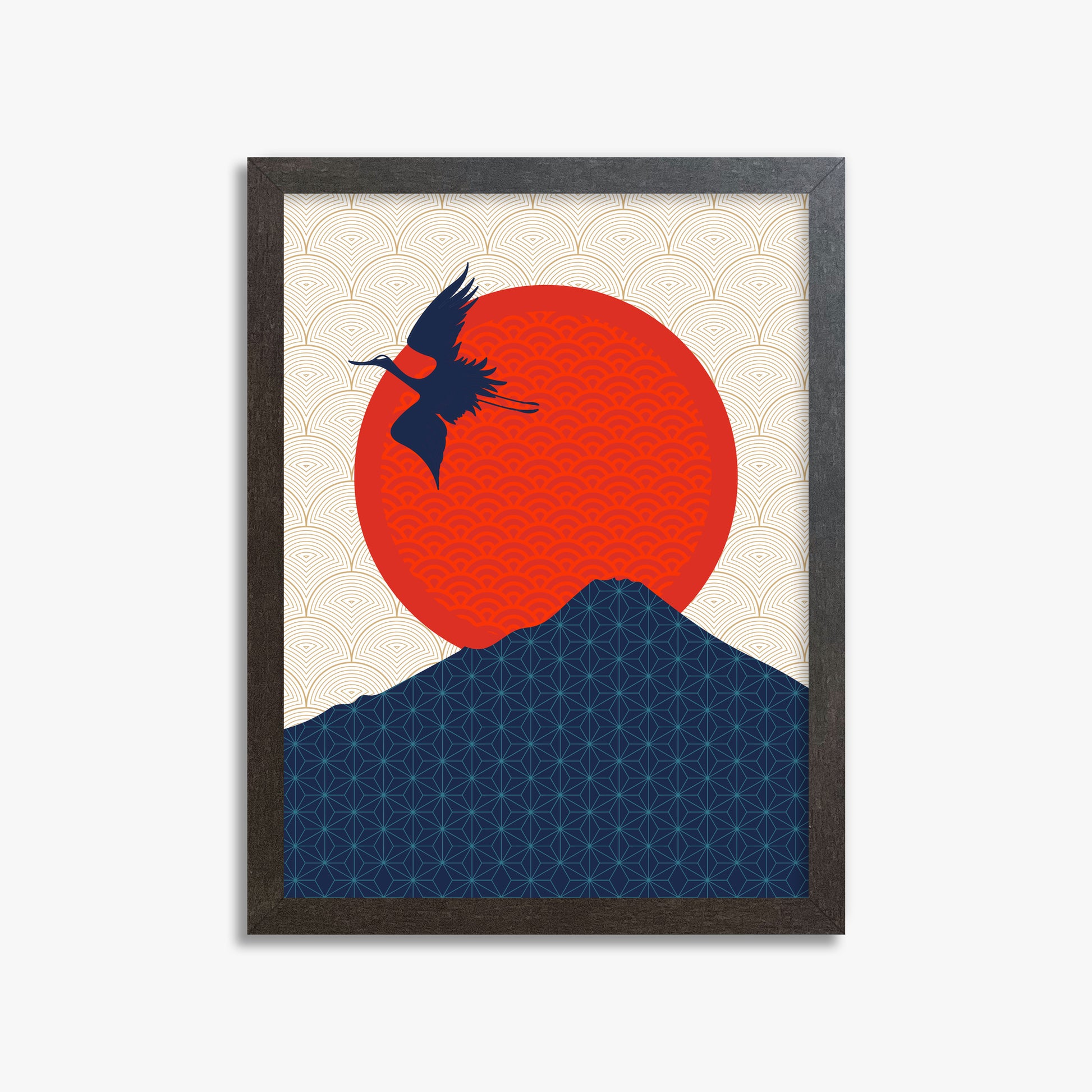 Crane At Crimson Sun, 30x40cm Framed Poster With Espresso Frame