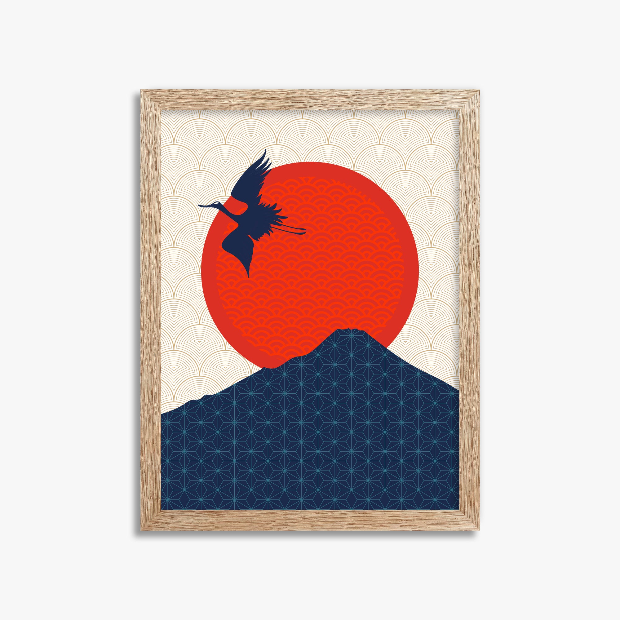 Crane At Crimson Sun, 30x40cm Framed Poster With Raw Oak Frame