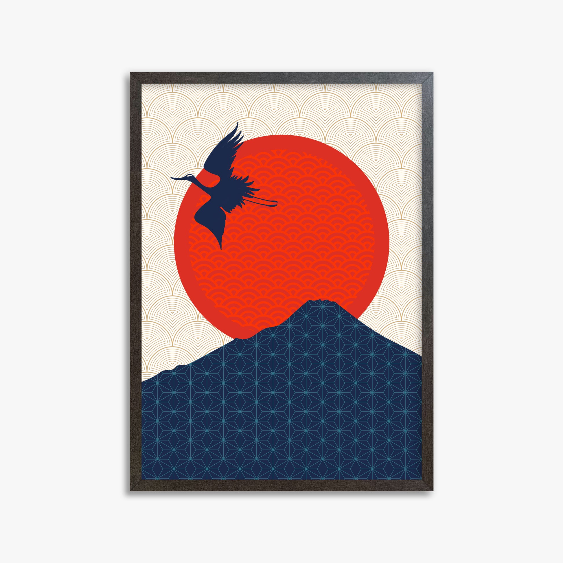 Crane At Crimson Sun, 50x70cm Framed Poster With Espresso Frame