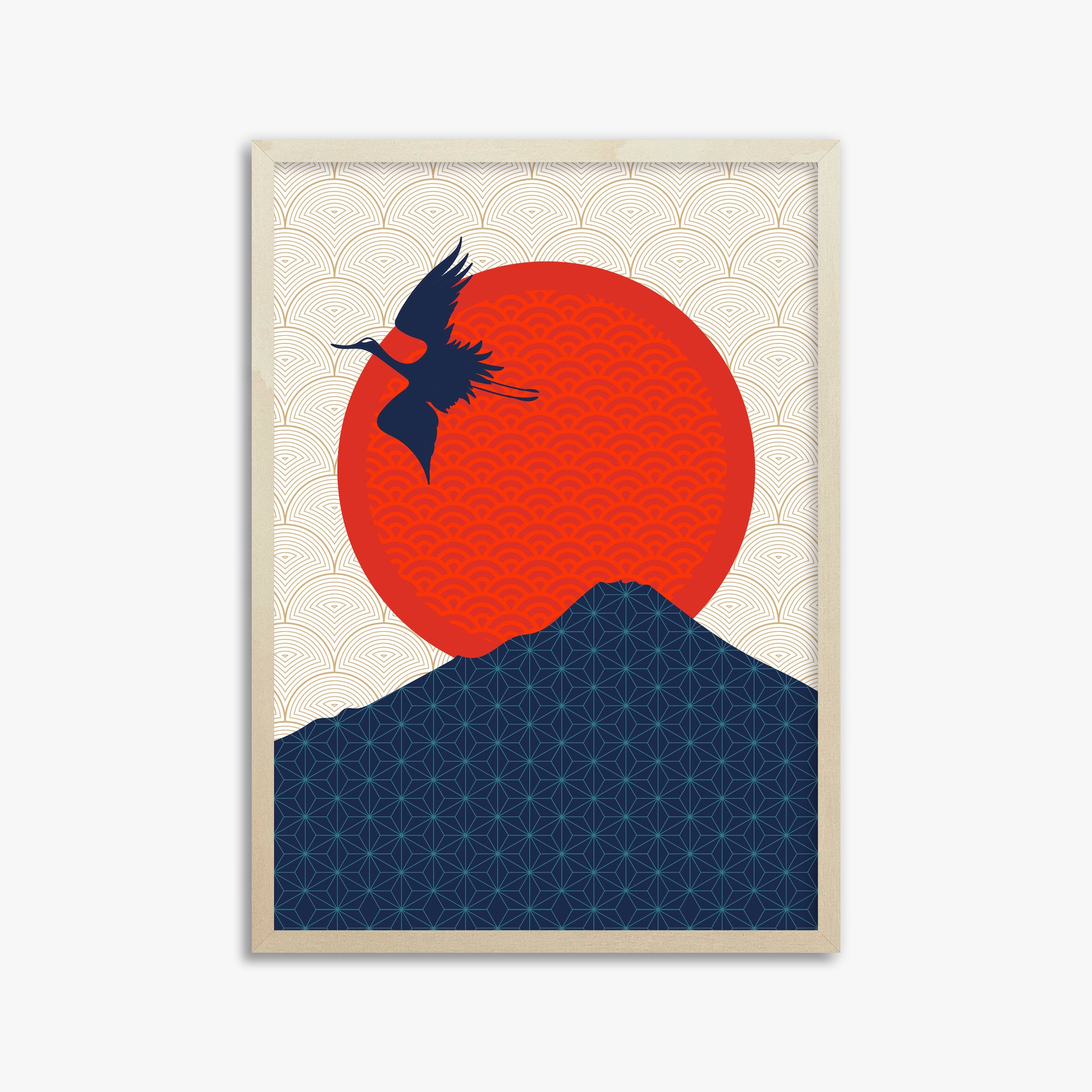 Crane At Crimson Sun, 50x70cm Framed Poster With Lime Wood Frame