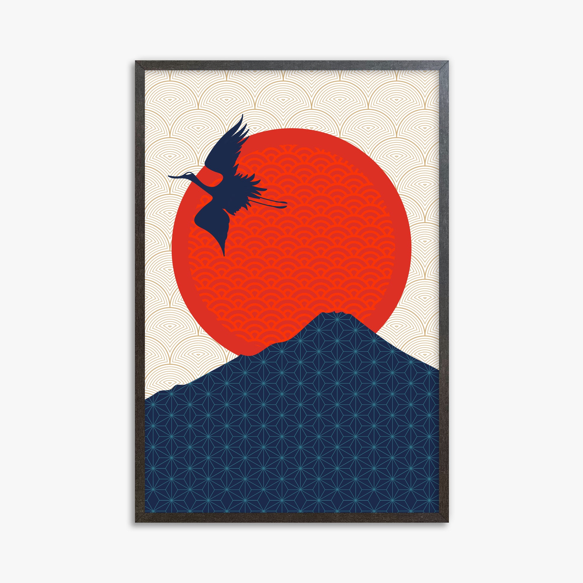 Crane At Crimson Sun, 61x91cm Framed Poster With Espresso Frame