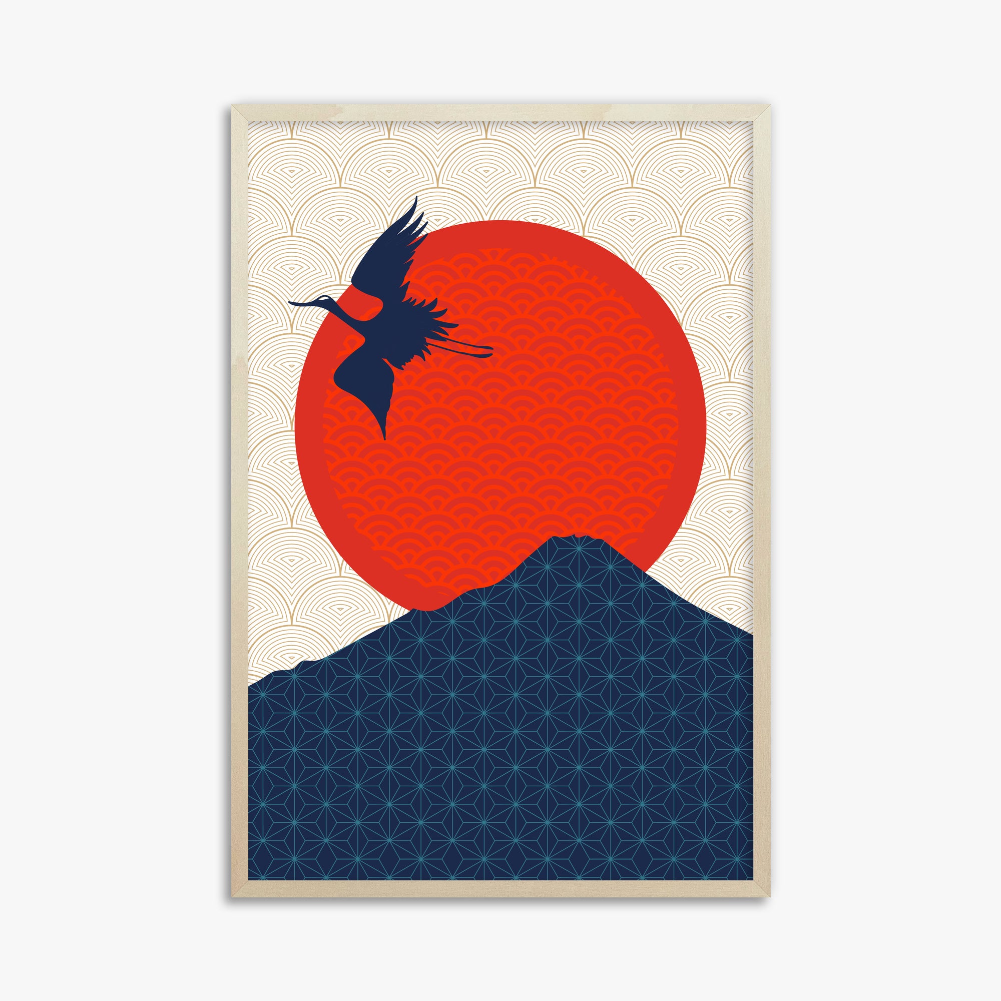Crane At Crimson Sun, 61x91cm Framed Poster With Lime Wood Frame