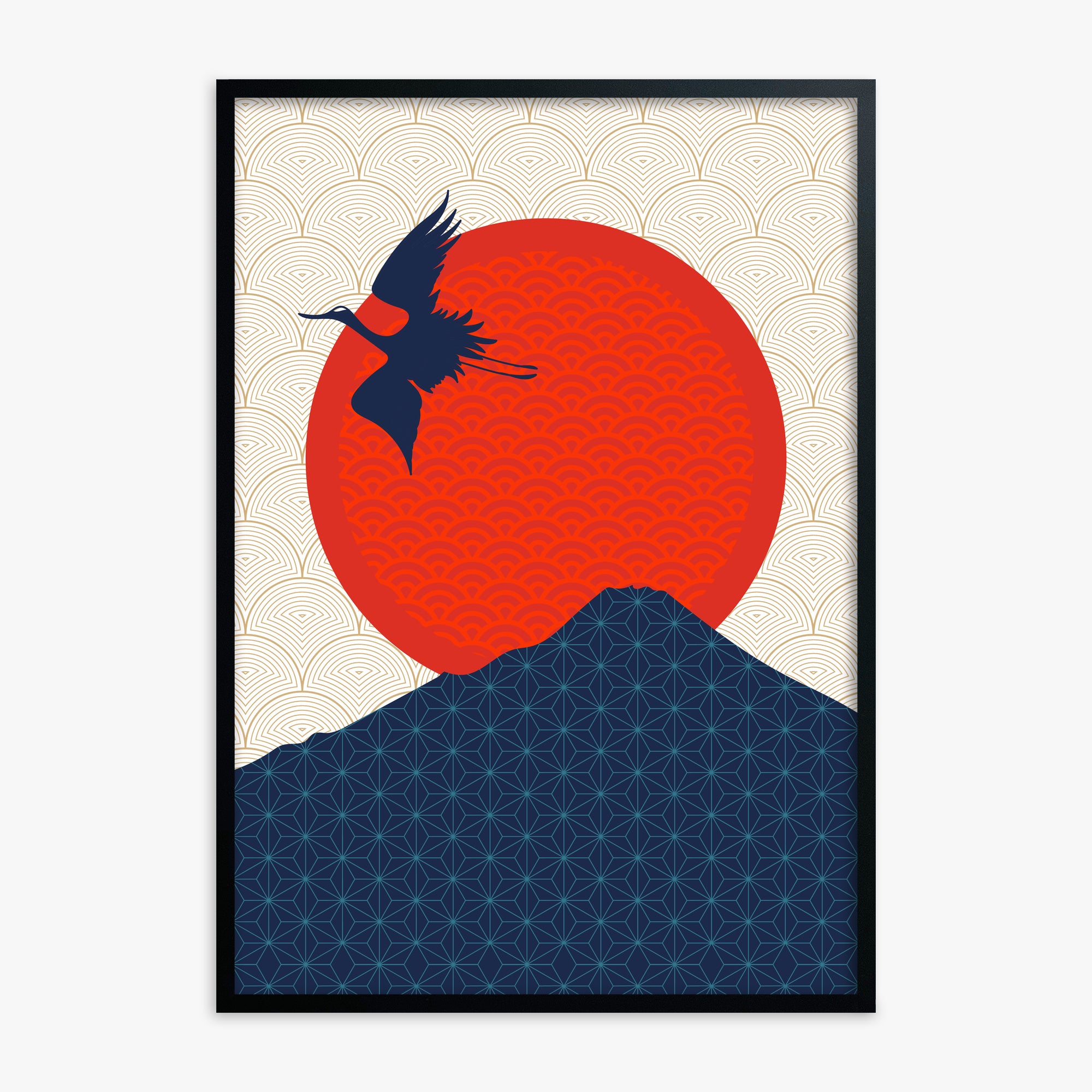 Crane At Crimson Sun, Black Framed Poster With Black Frame