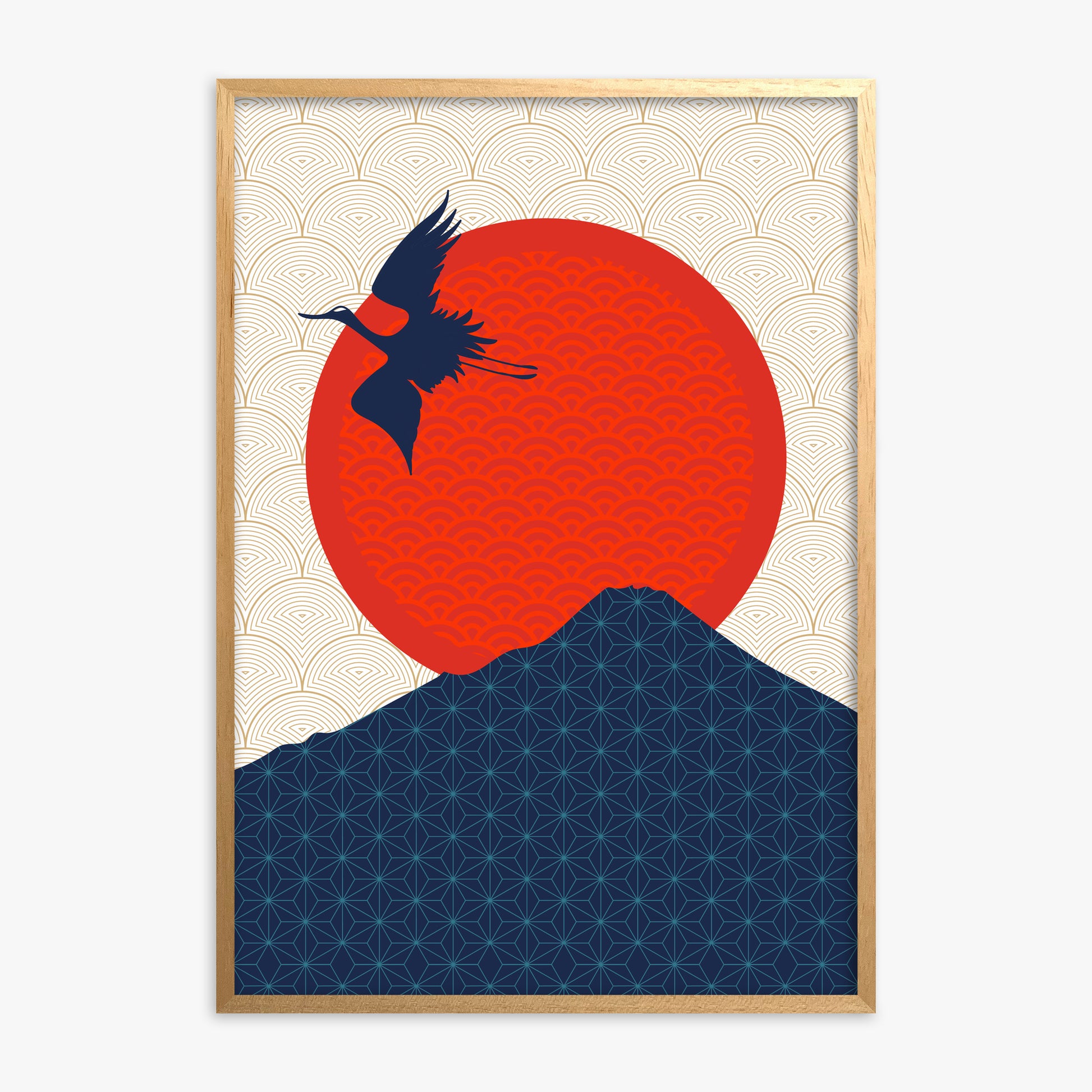 Crane At Crimson Sun, Oak Framed Poster With Oak Frame