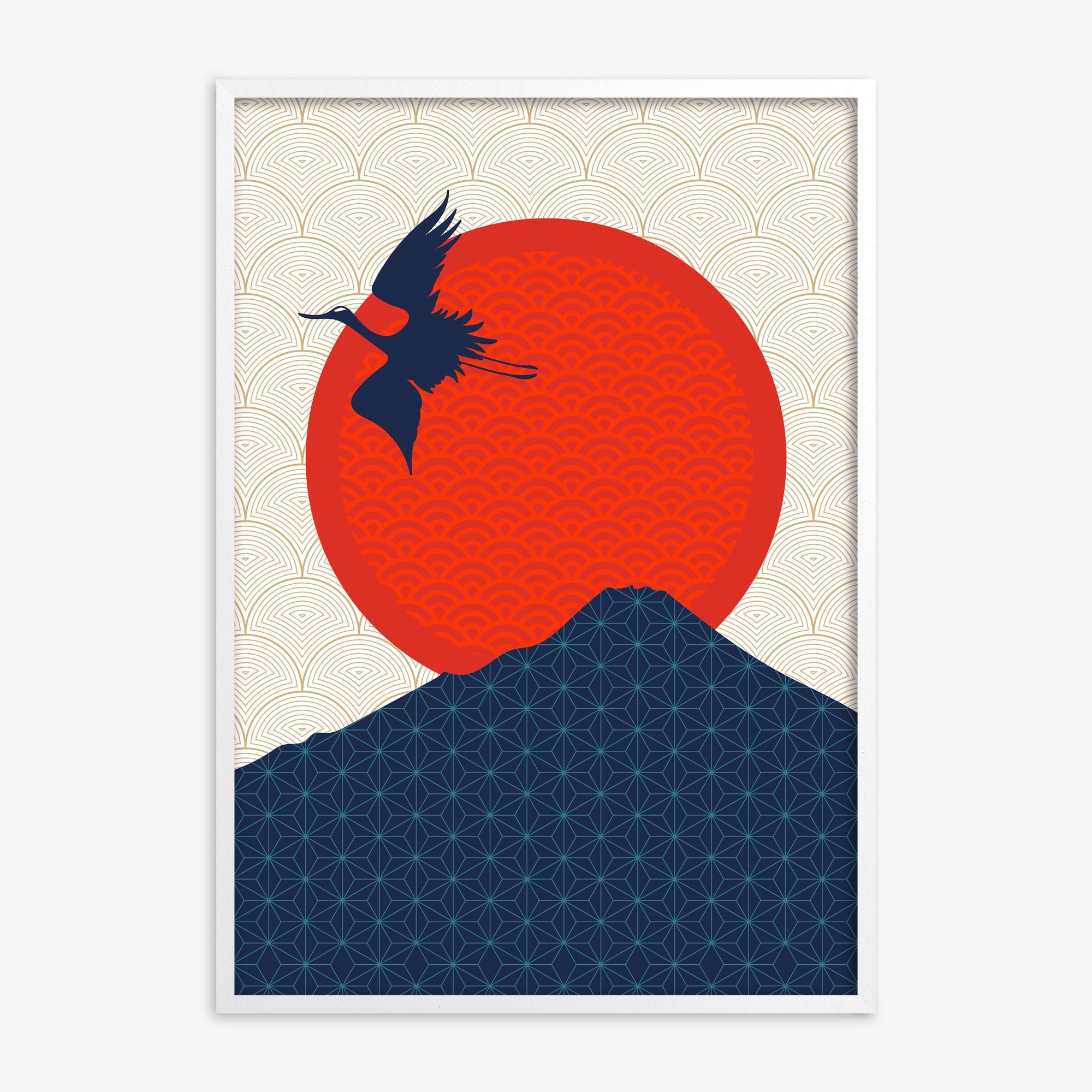 Crane At Crimson Sun, White Framed Poster With White Frame