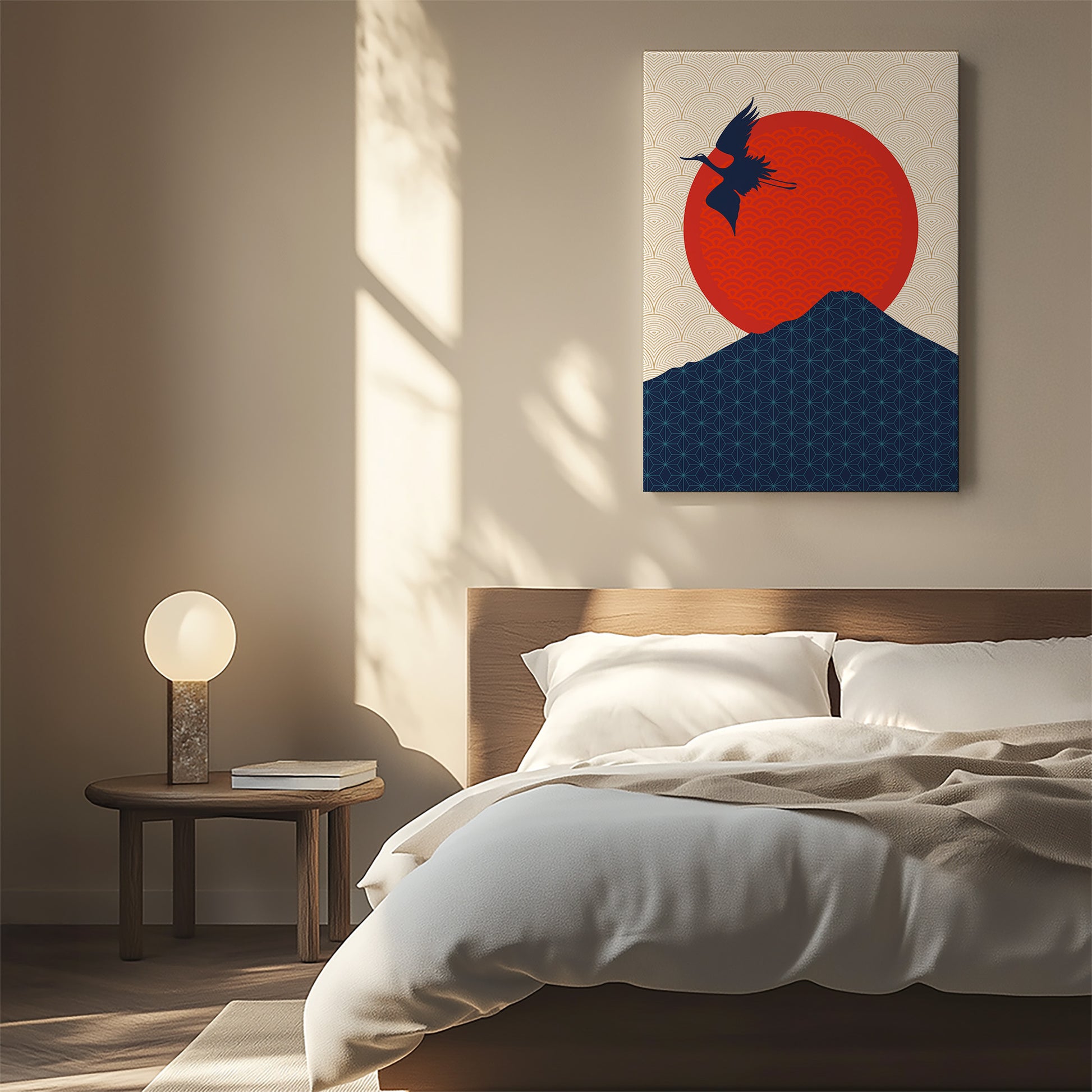 Design Concept No. 55 for Crane At Crimson Sun Modern Satin Canvas Poster Art
