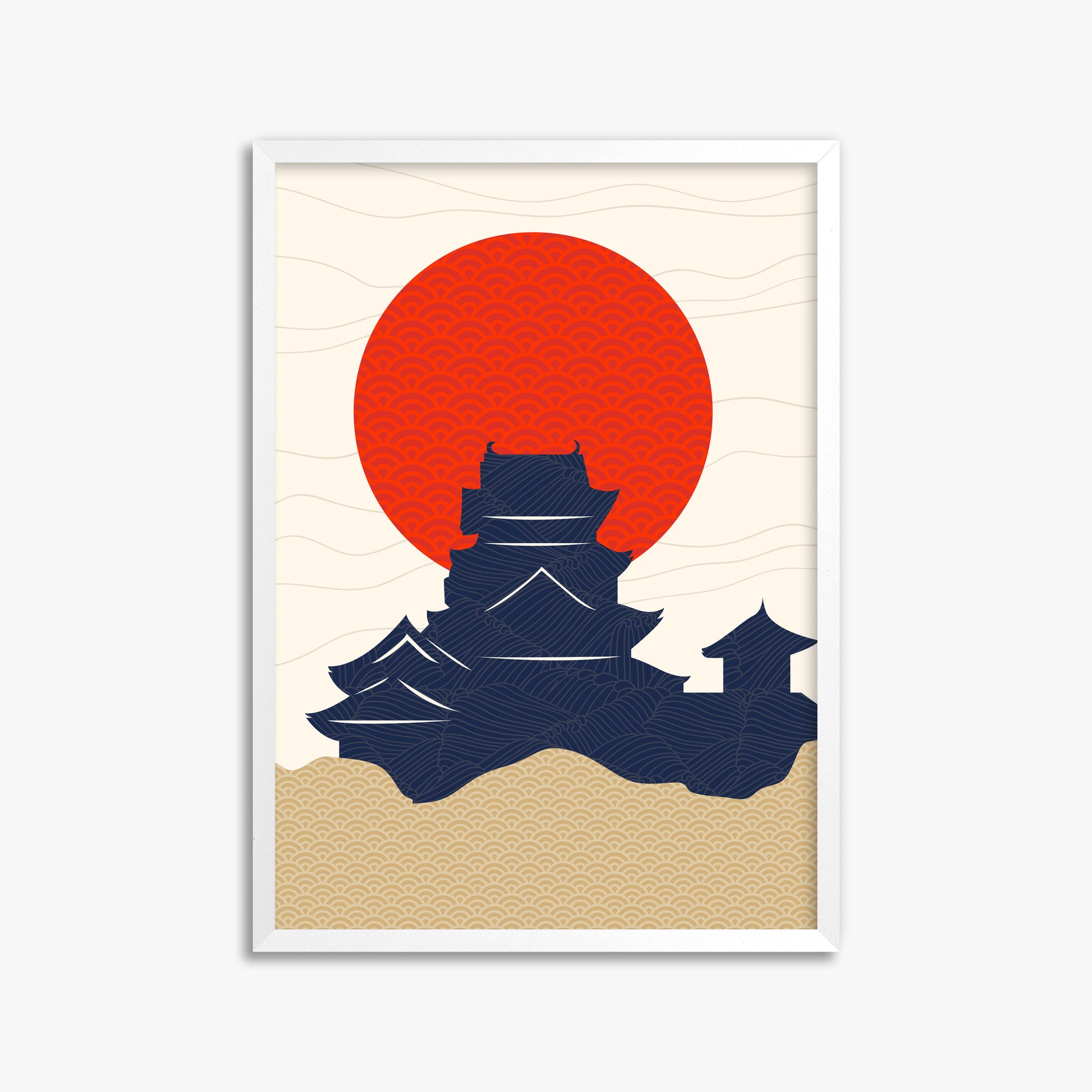 Vermilion Sun Castle, 50x70cm Framed Poster With White Frame